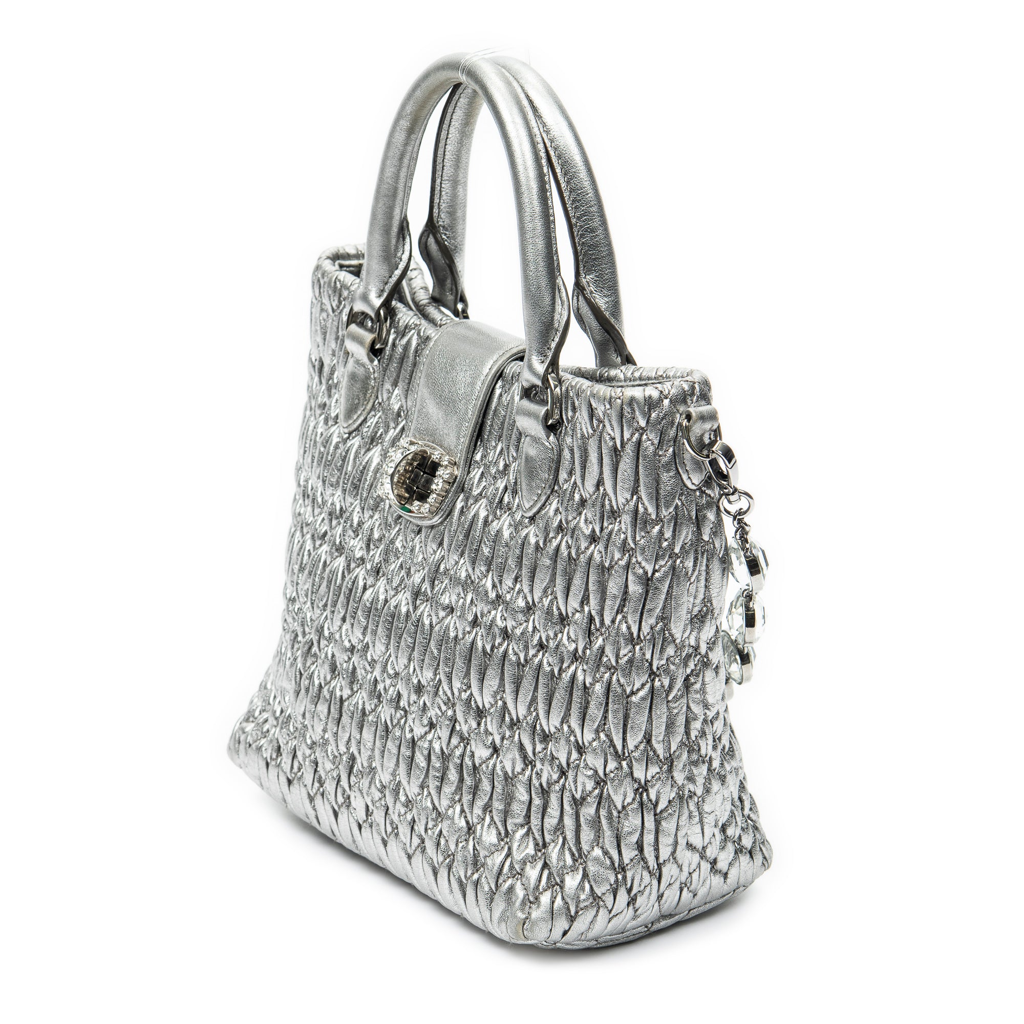 Handbag Small Turn Lock Crystal Tote Metallic Silver Nappa Matelasse Leather