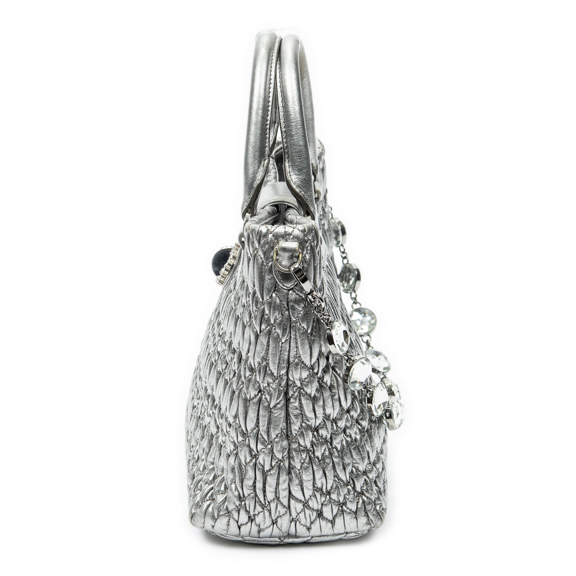 Handbag Small Turn Lock Crystal Tote Metallic Silver Nappa Matelasse Leather