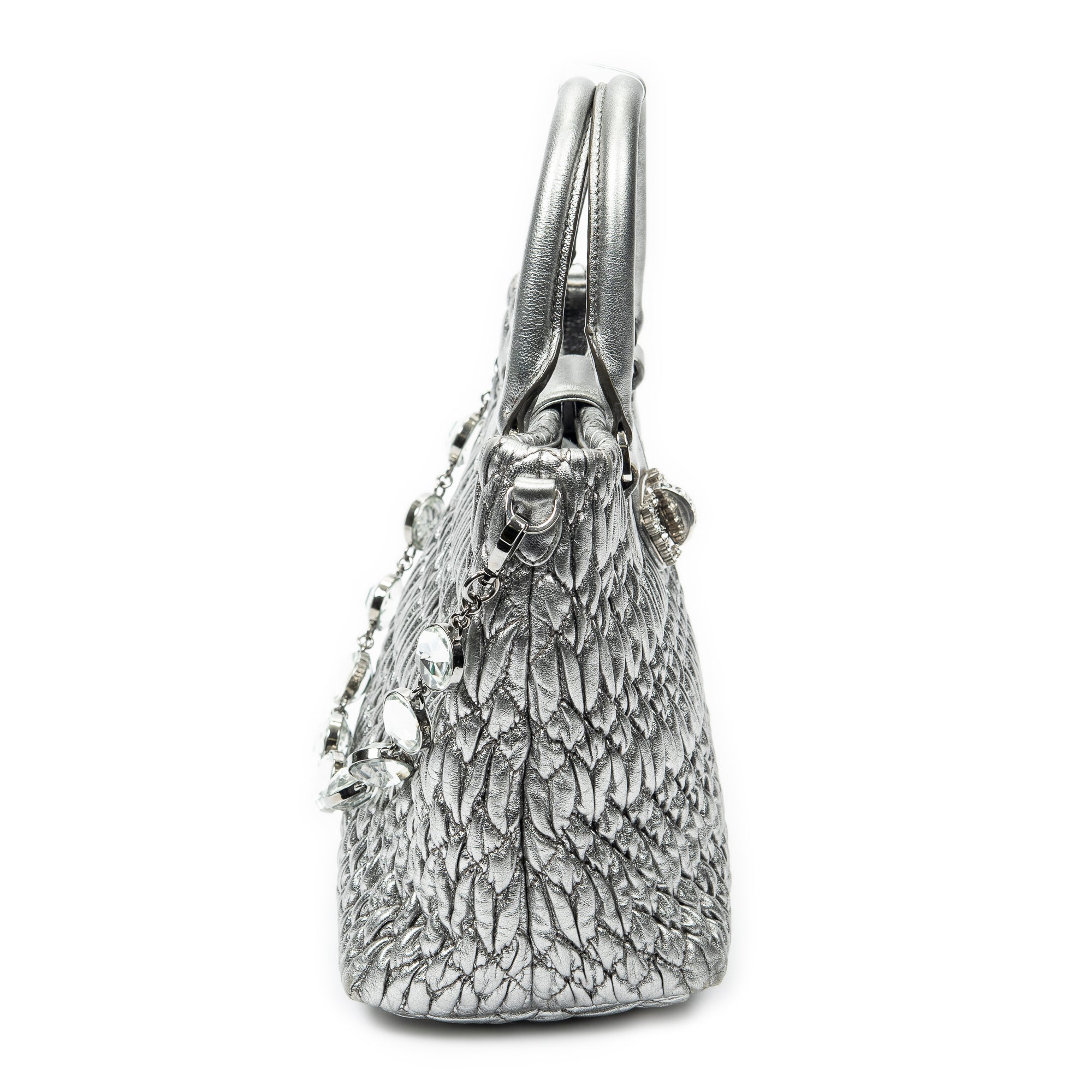 Handbag Small Turn Lock Crystal Tote Metallic Silver Nappa Matelasse Leather