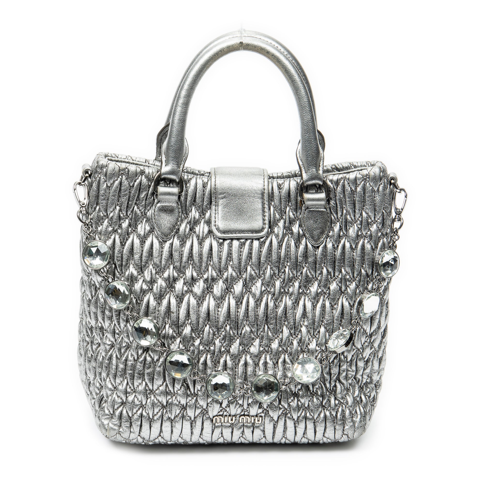 Handbag Small Turn Lock Crystal Tote Metallic Silver Nappa Matelasse Leather