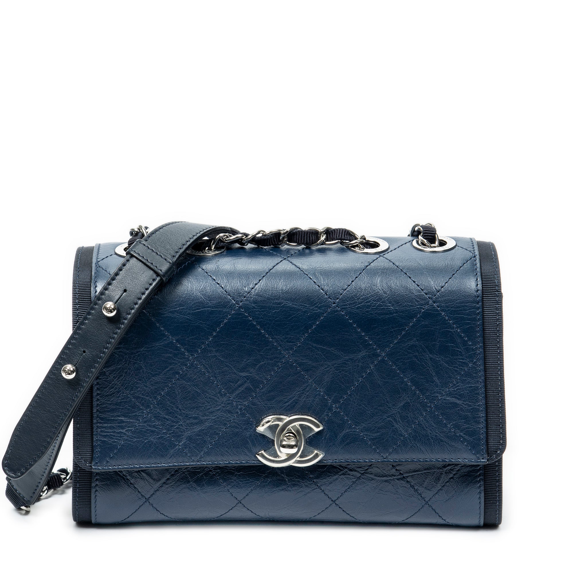 Shoulder Bag CC Single Flap Navy Quilted Crumpled Calfskin Leather