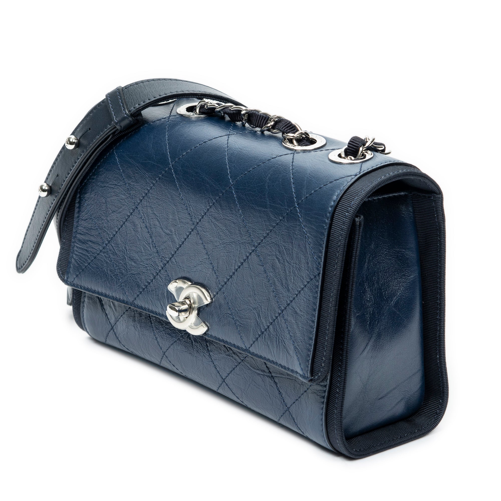 Shoulder Bag CC Single Flap Navy Quilted Crumpled Calfskin Leather