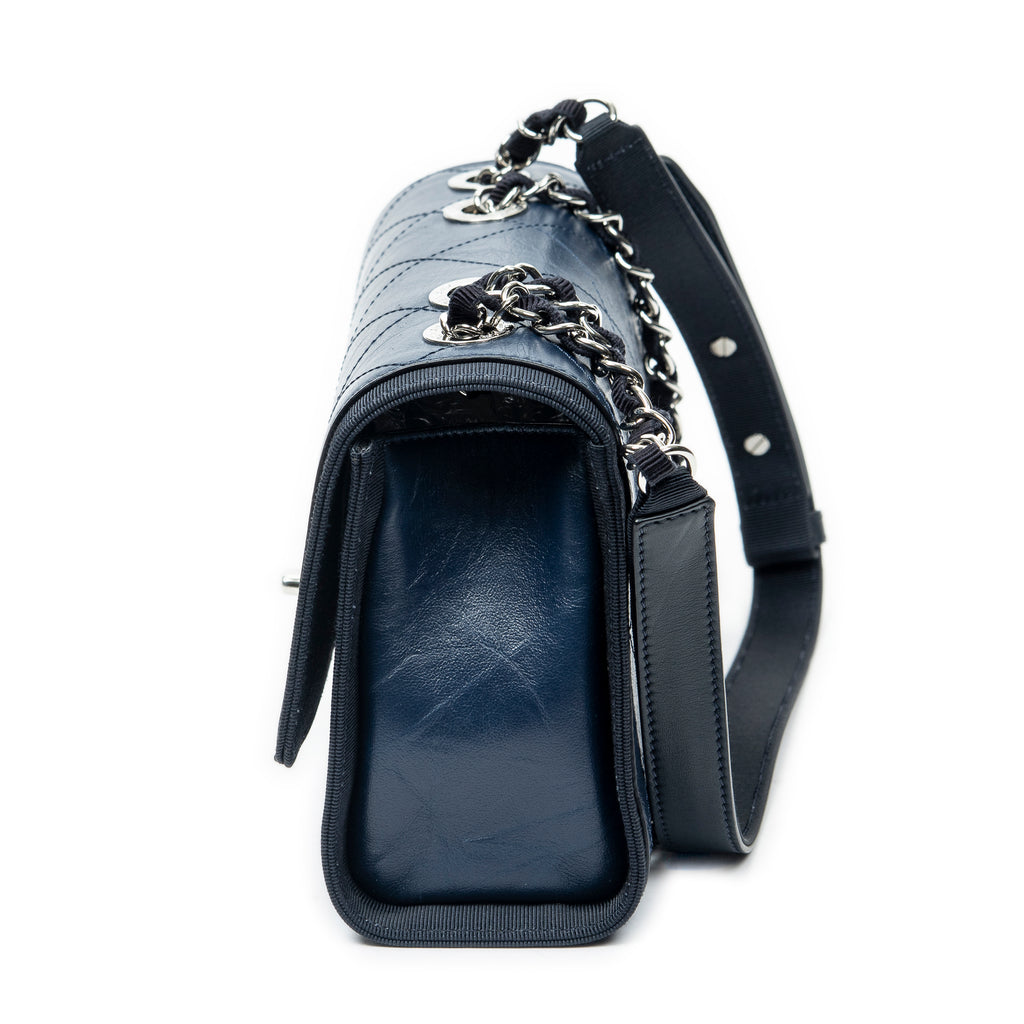 Shoulder Bag CC Single Flap Navy Quilted Crumpled Calfskin Leather