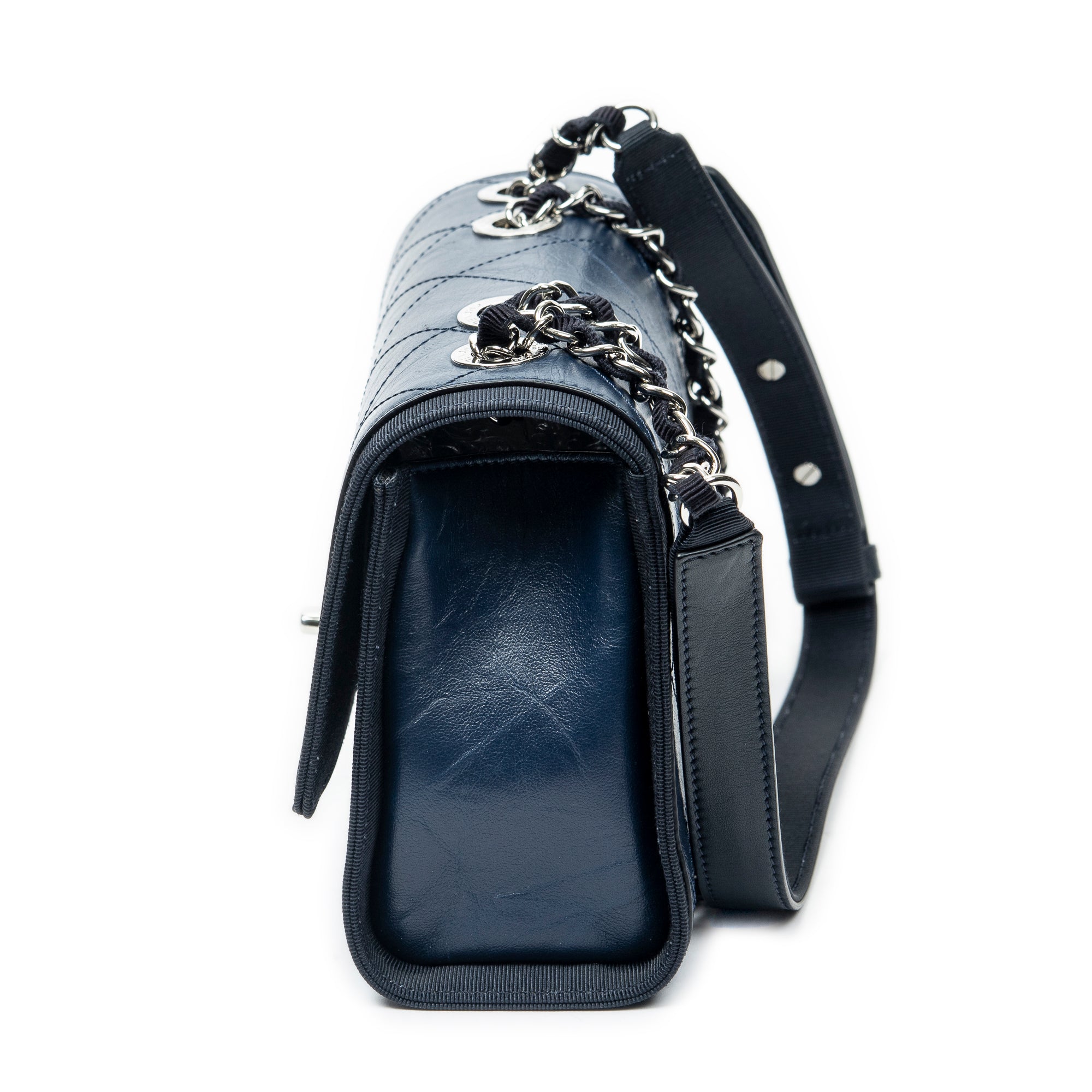 Shoulder Bag CC Single Flap Navy Quilted Crumpled Calfskin Leather