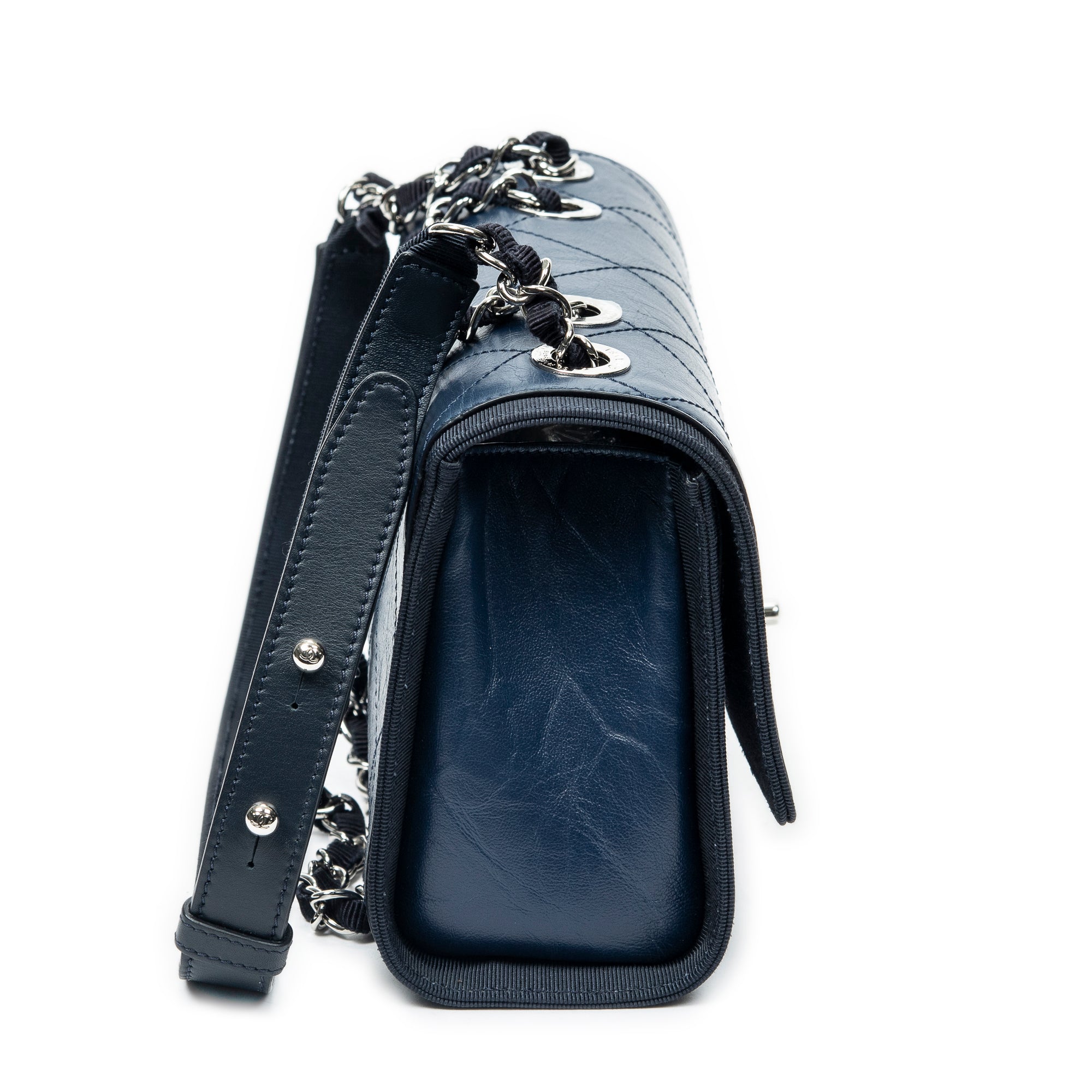 Shoulder Bag CC Single Flap Navy Quilted Crumpled Calfskin Leather