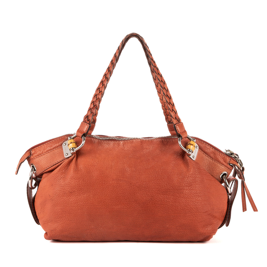 Shoulder Bag Large Bamboo Bar Boston Orange Grained Calfskin Leather