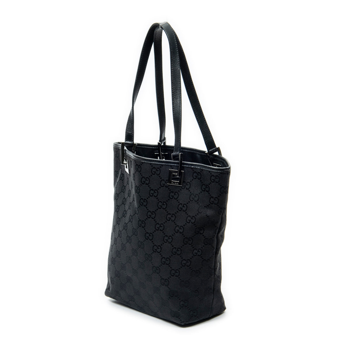 Shoulder Bag Bucket Tote Black Monogrammed Canvas