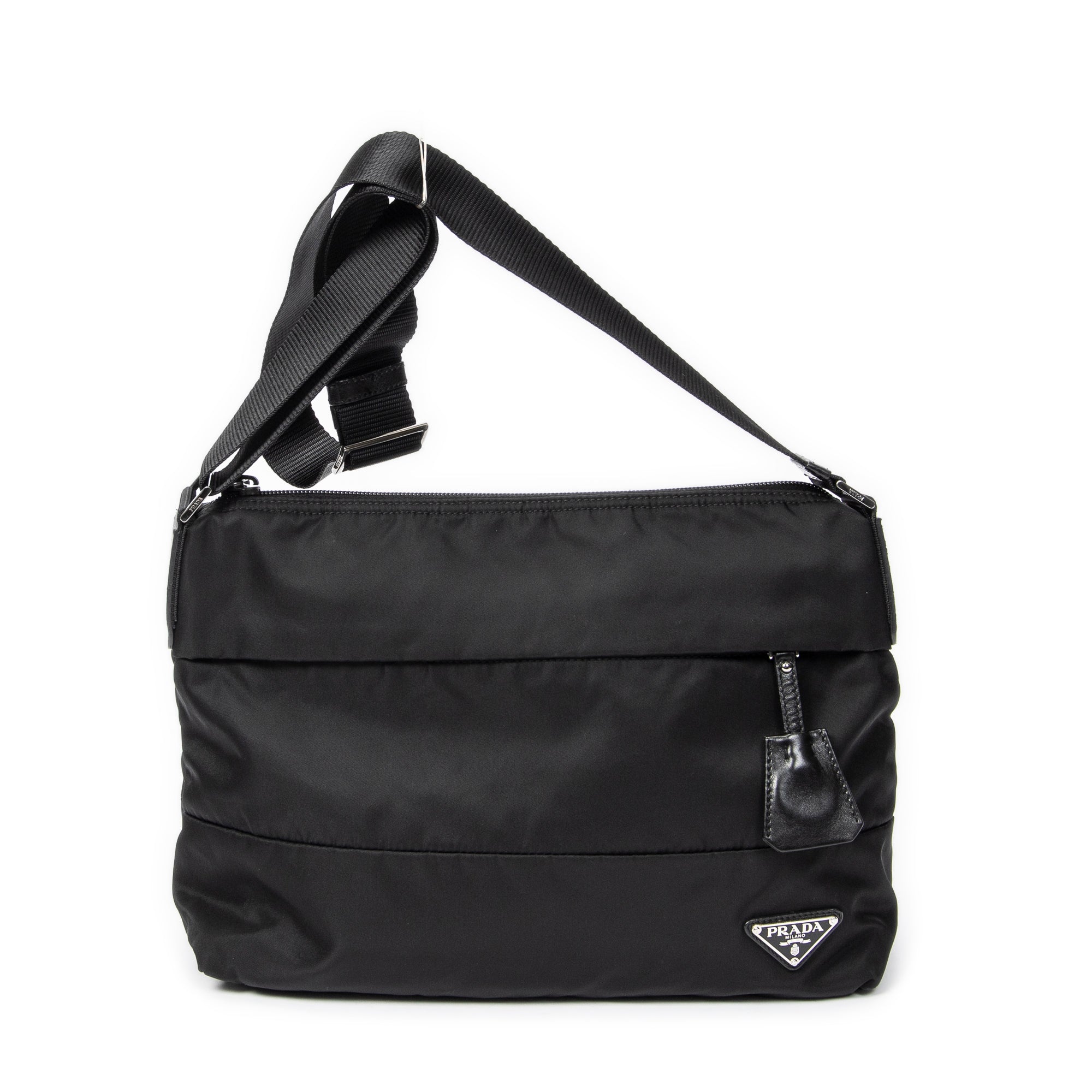 Bolso Bandolera Cremallera Horizontal Mensajero Negro Acolchado Lona de Nylon