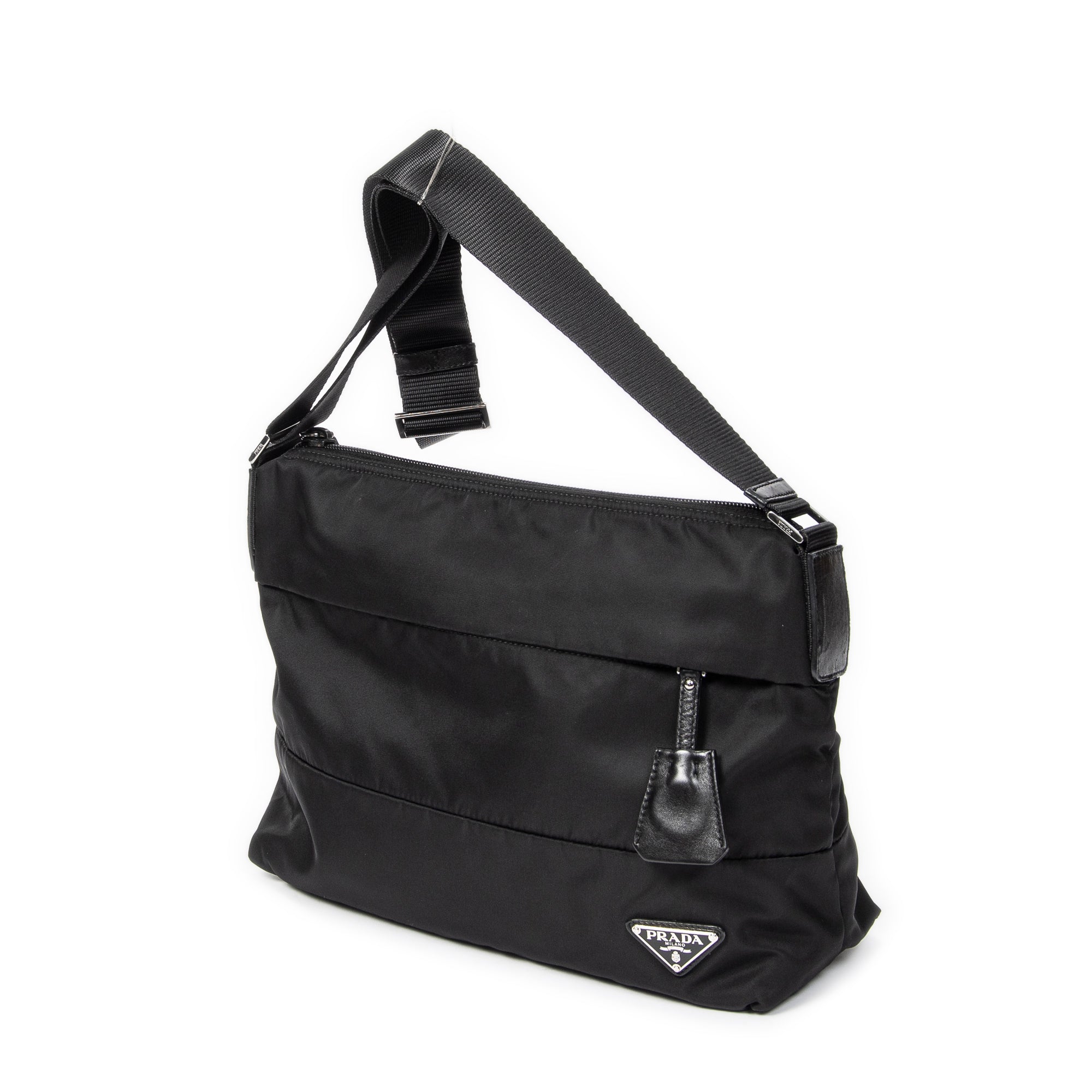 Bolso Bandolera Cremallera Horizontal Mensajero Negro Acolchado Lona de Nylon