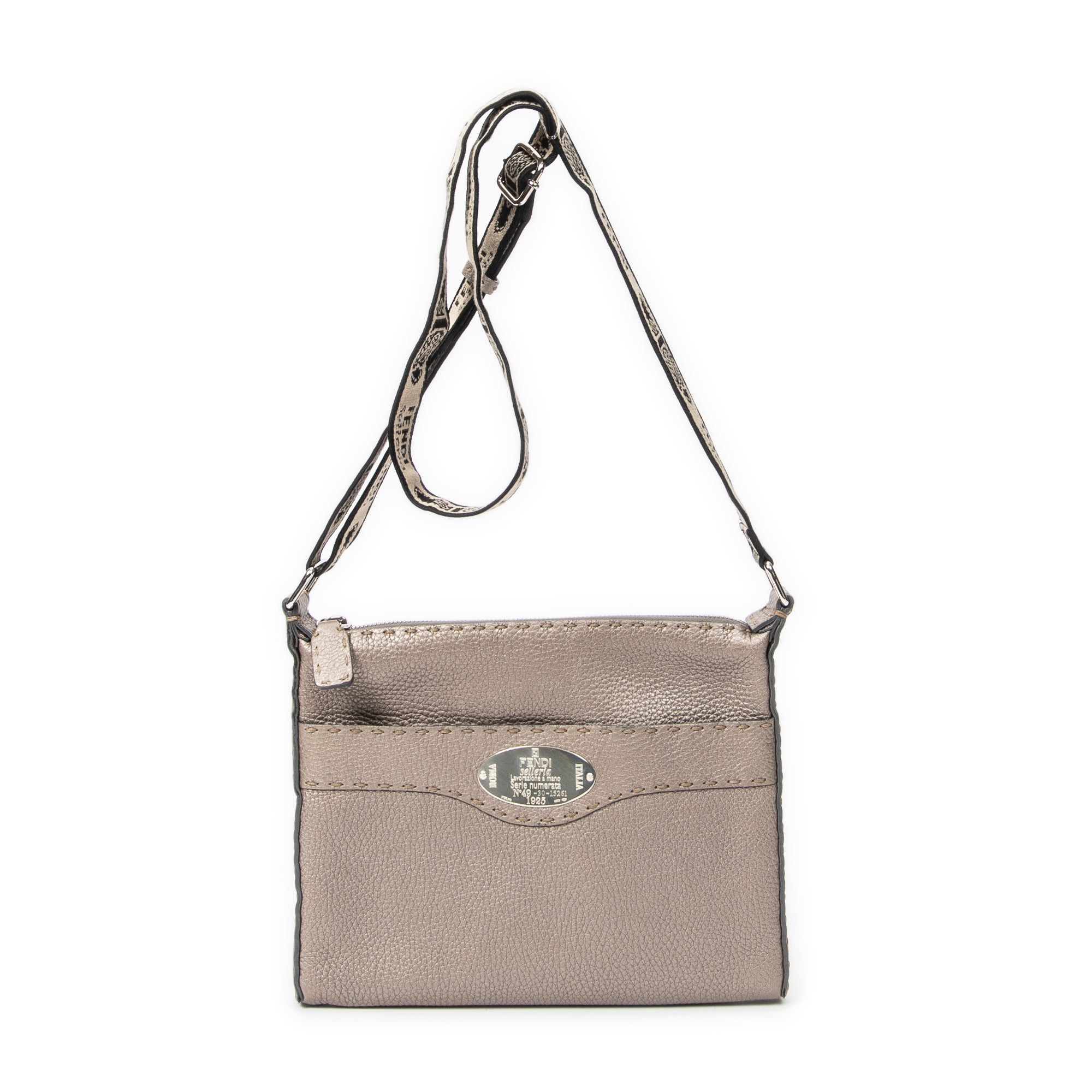 Shoulder Bag Front Pocket Crossbody Greige Grained Leather