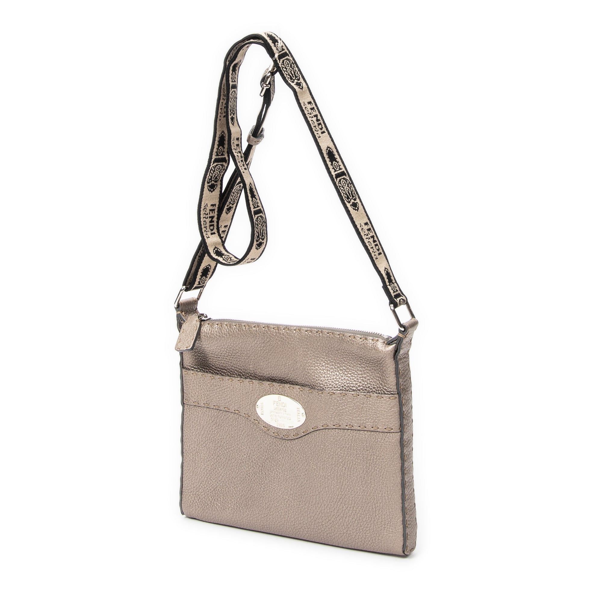 Shoulder Bag Front Pocket Crossbody Greige Grained Leather