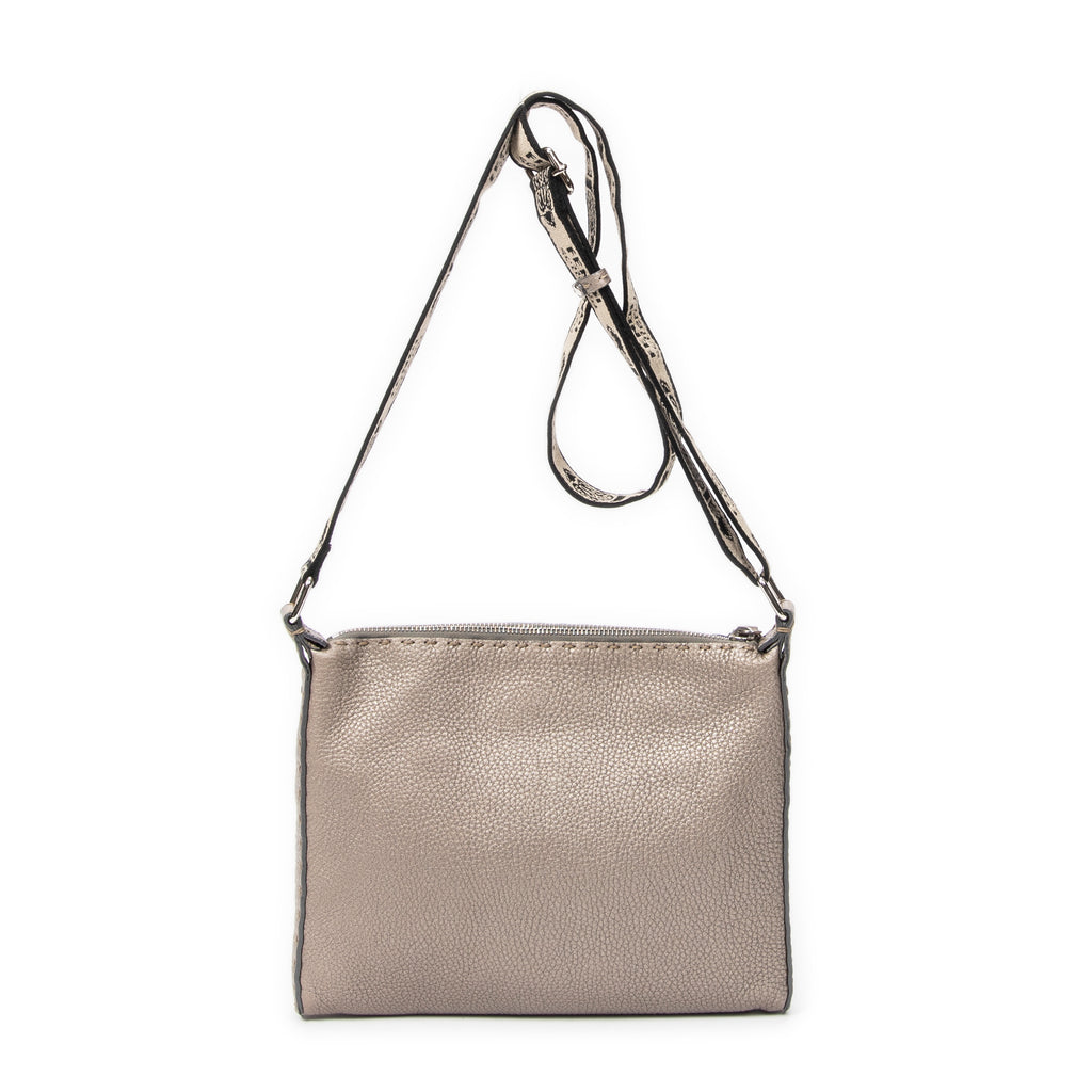 Shoulder Bag Front Pocket Crossbody Greige Grained Leather