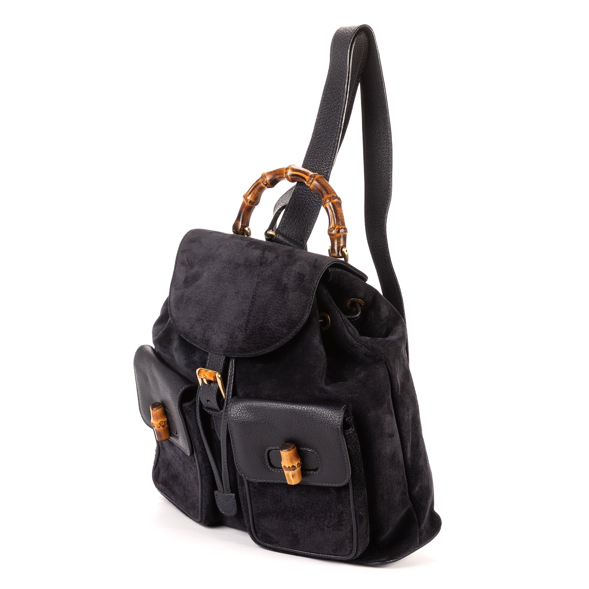 Mochila grande de bambú en piel de ante azul