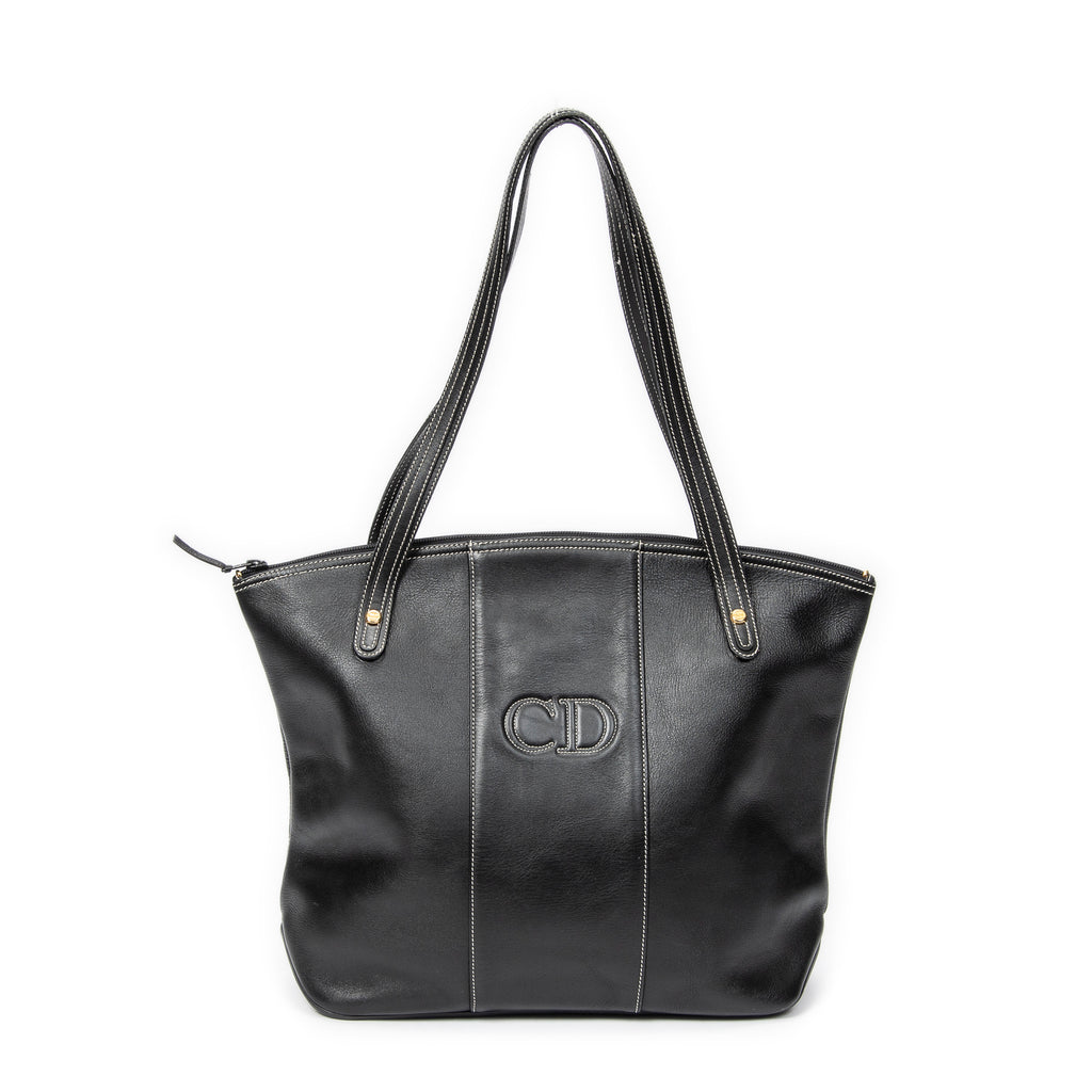 Shoulder Bag CD Zip Shopping Tote Black Calfskin Leather