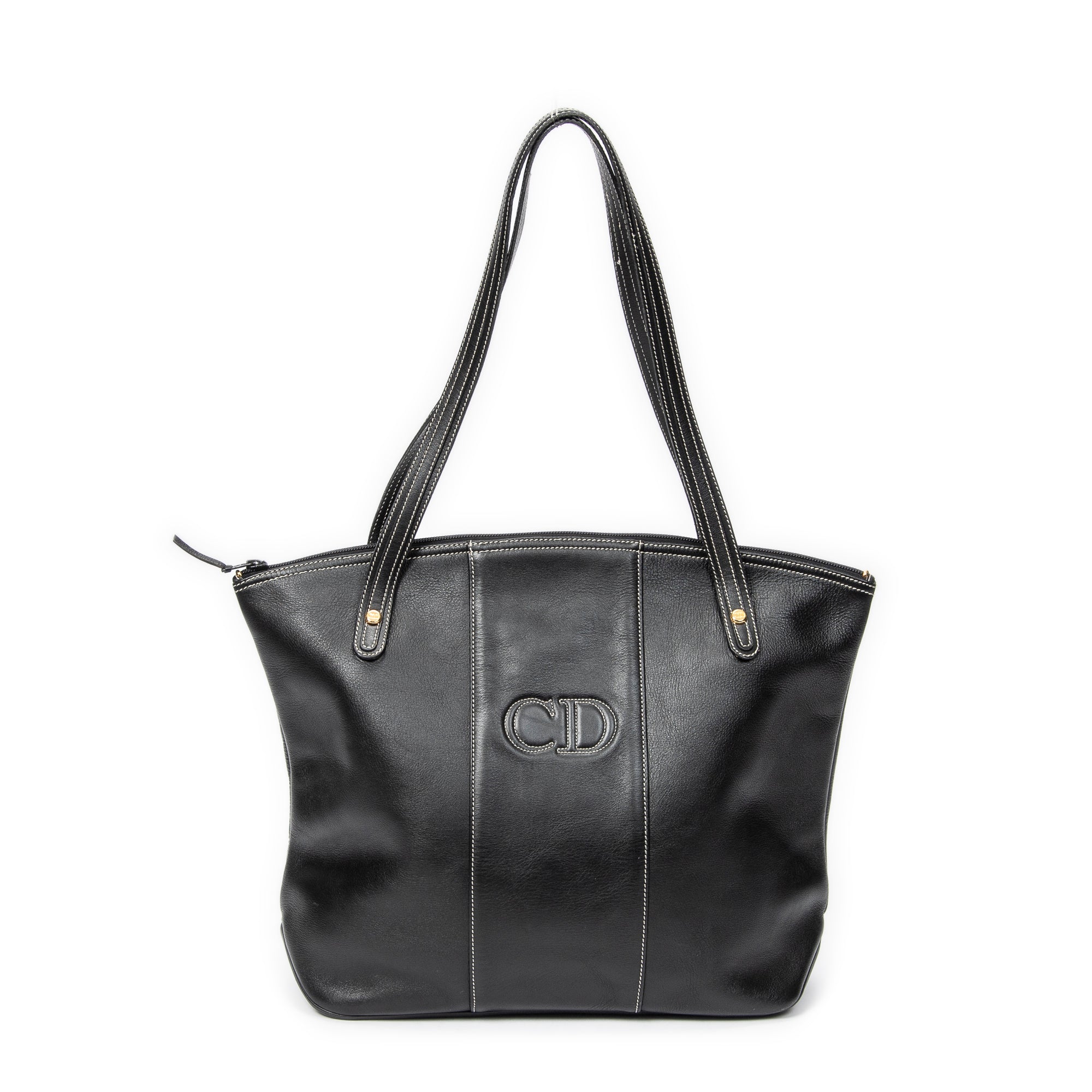 Shoulder Bag CD Zip Shopping Tote Black Calfskin Leather