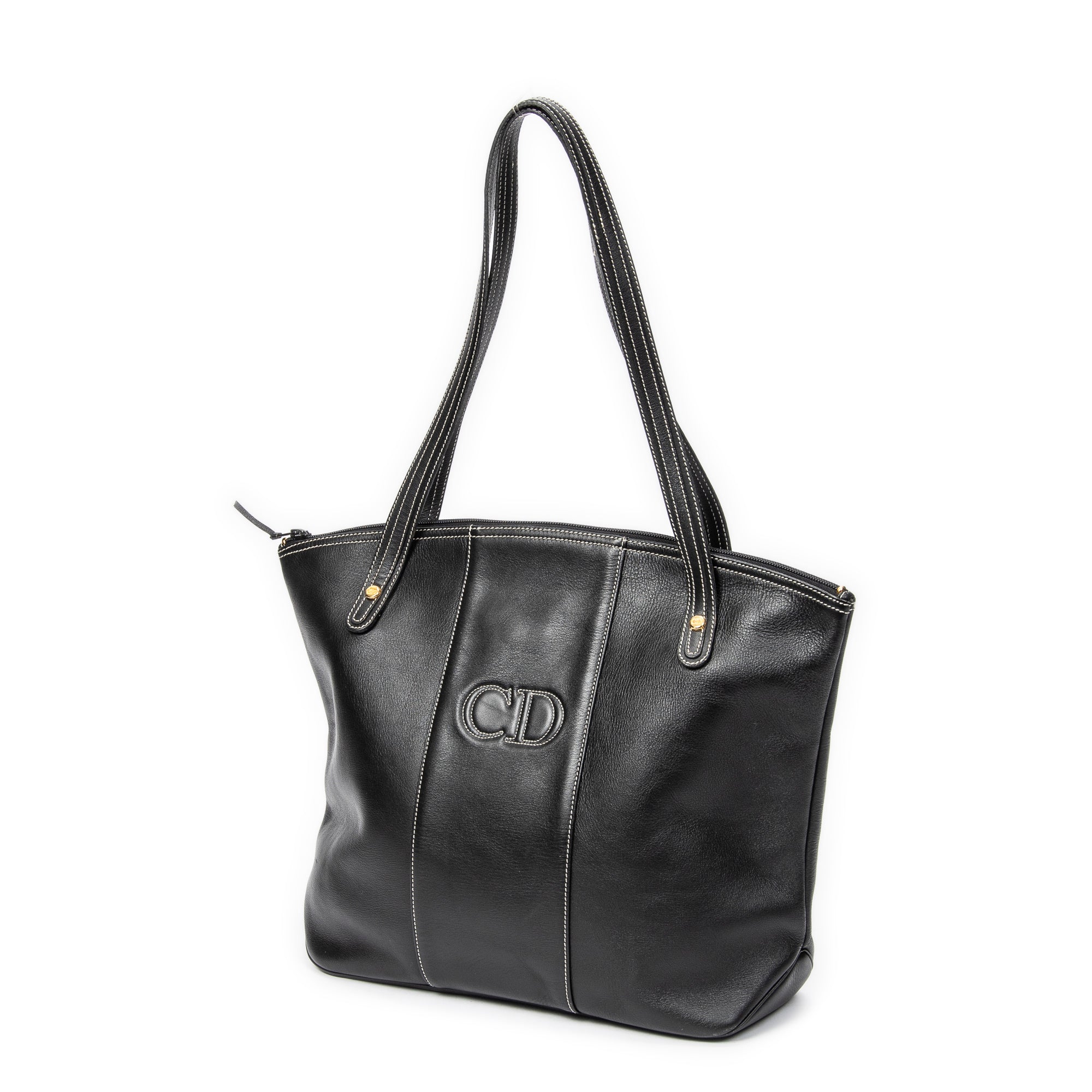 Shoulder Bag CD Zip Shopping Tote Black Calfskin Leather – BrandCo