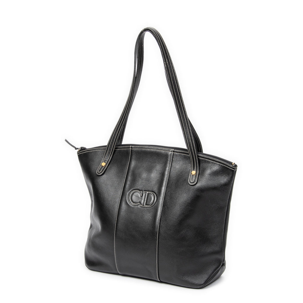 Shoulder Bag CD Zip Shopping Tote Black Calfskin Leather