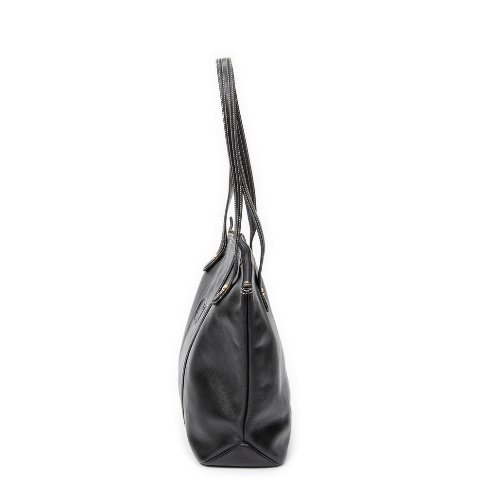 Shoulder Bag CD Zip Shopping Tote Black Calfskin Leather