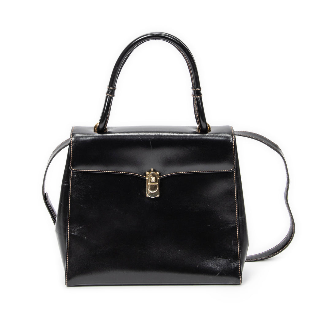Shoulder Bag Vintage Flap Top Handle Black Smooth Calfskin Leather