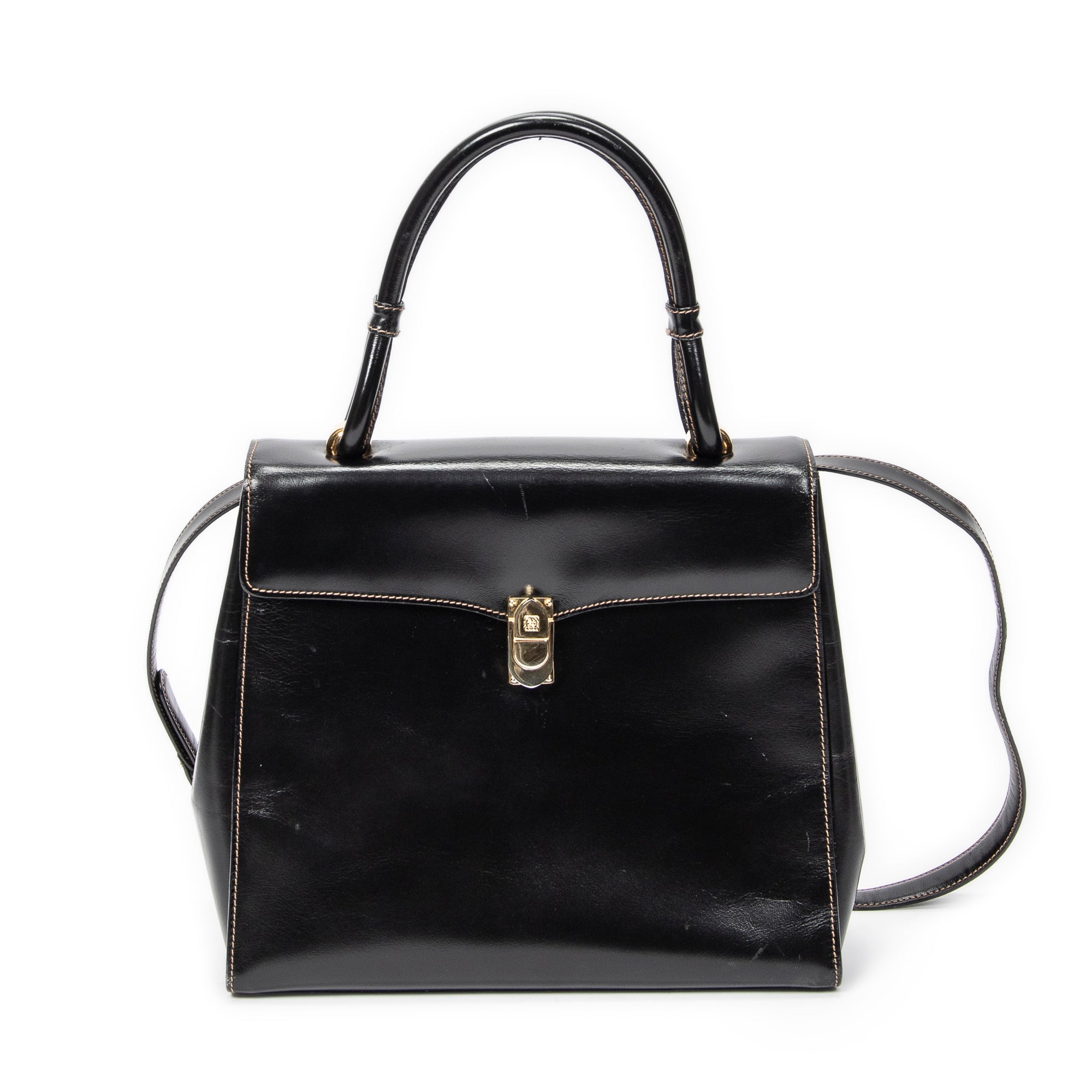 Shoulder Bag Vintage Flap Top Handle Black Smooth Calfskin Leather