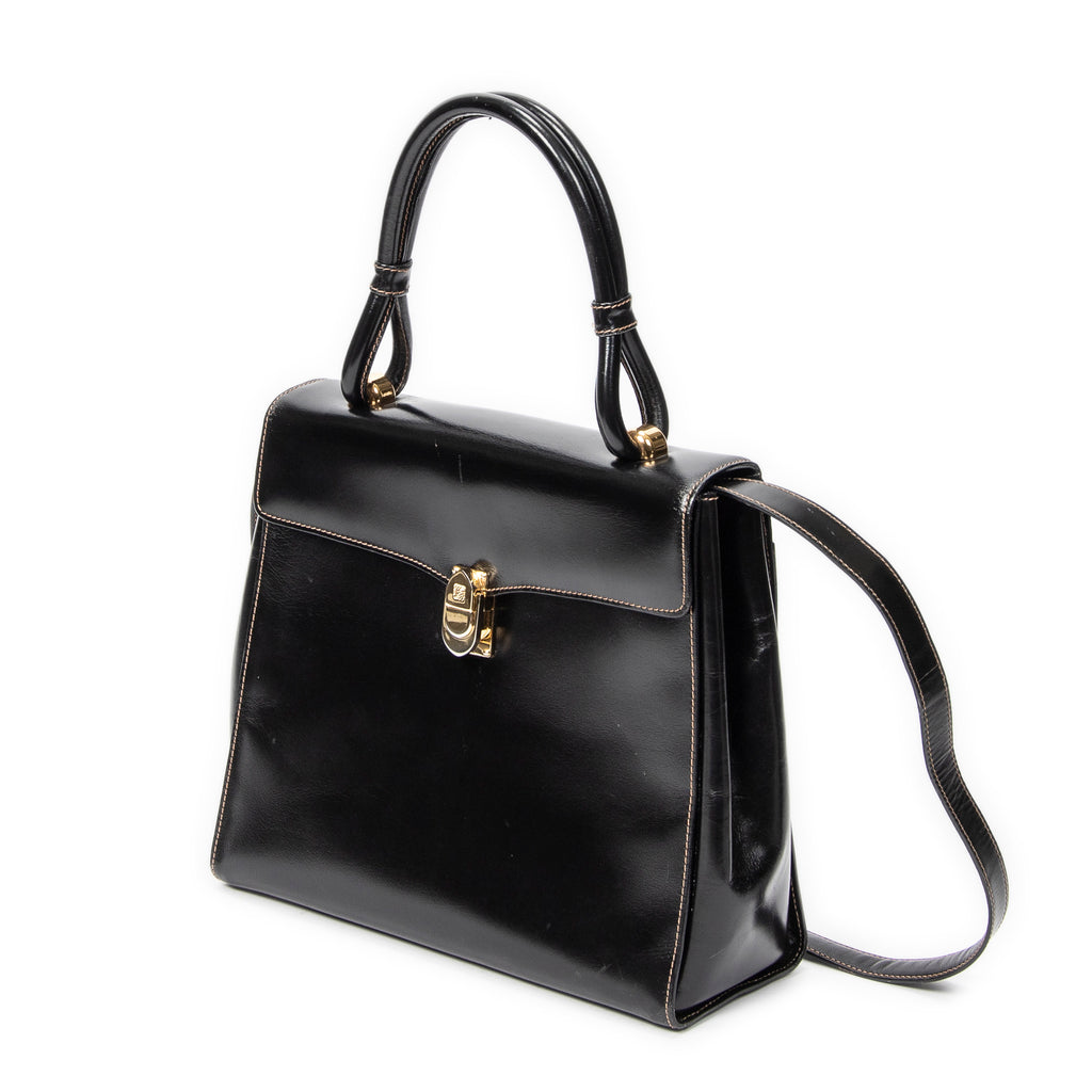 Shoulder Bag Vintage Flap Top Handle Black Smooth Calfskin Leather