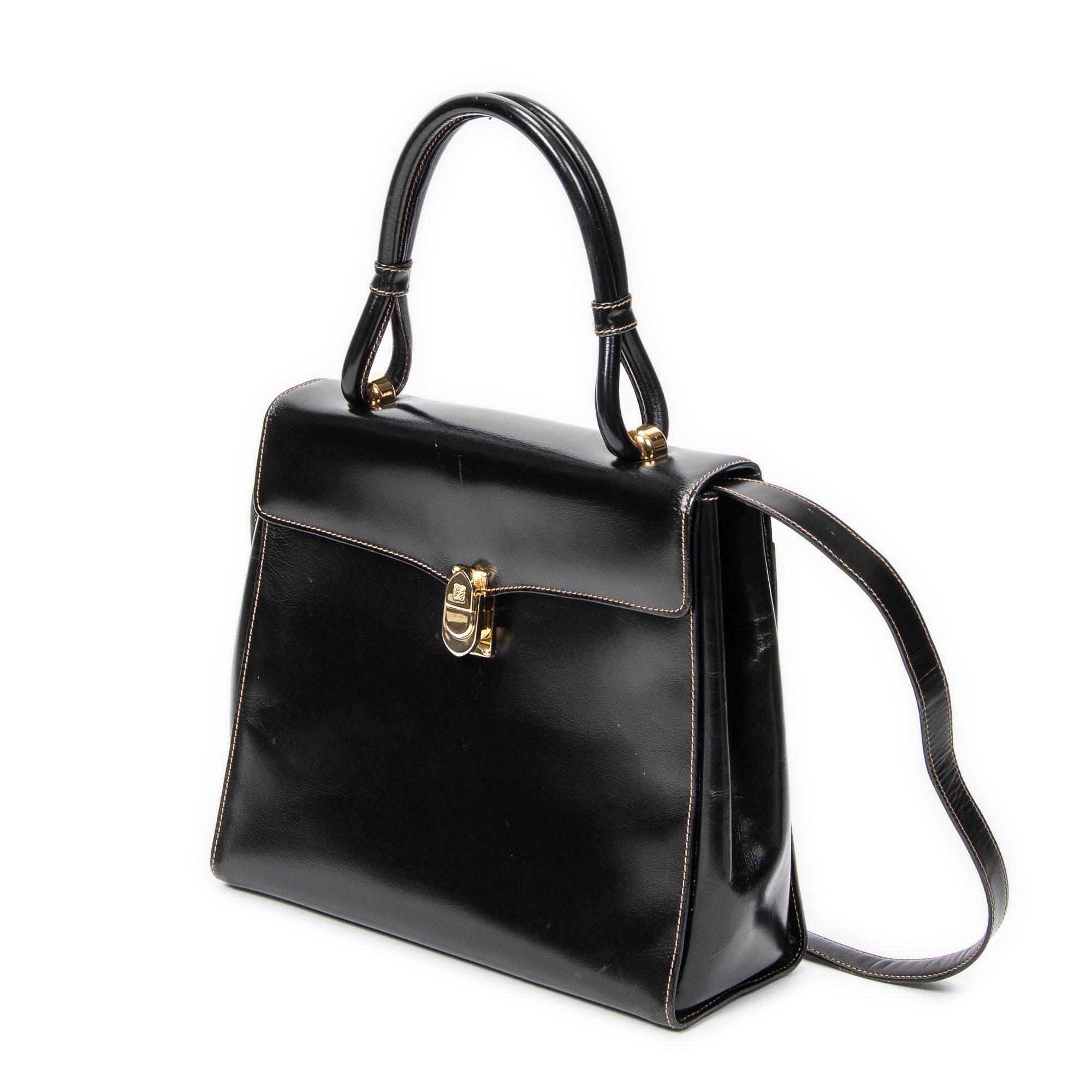 Shoulder Bag Vintage Flap Top Handle Black Smooth Calfskin Leather