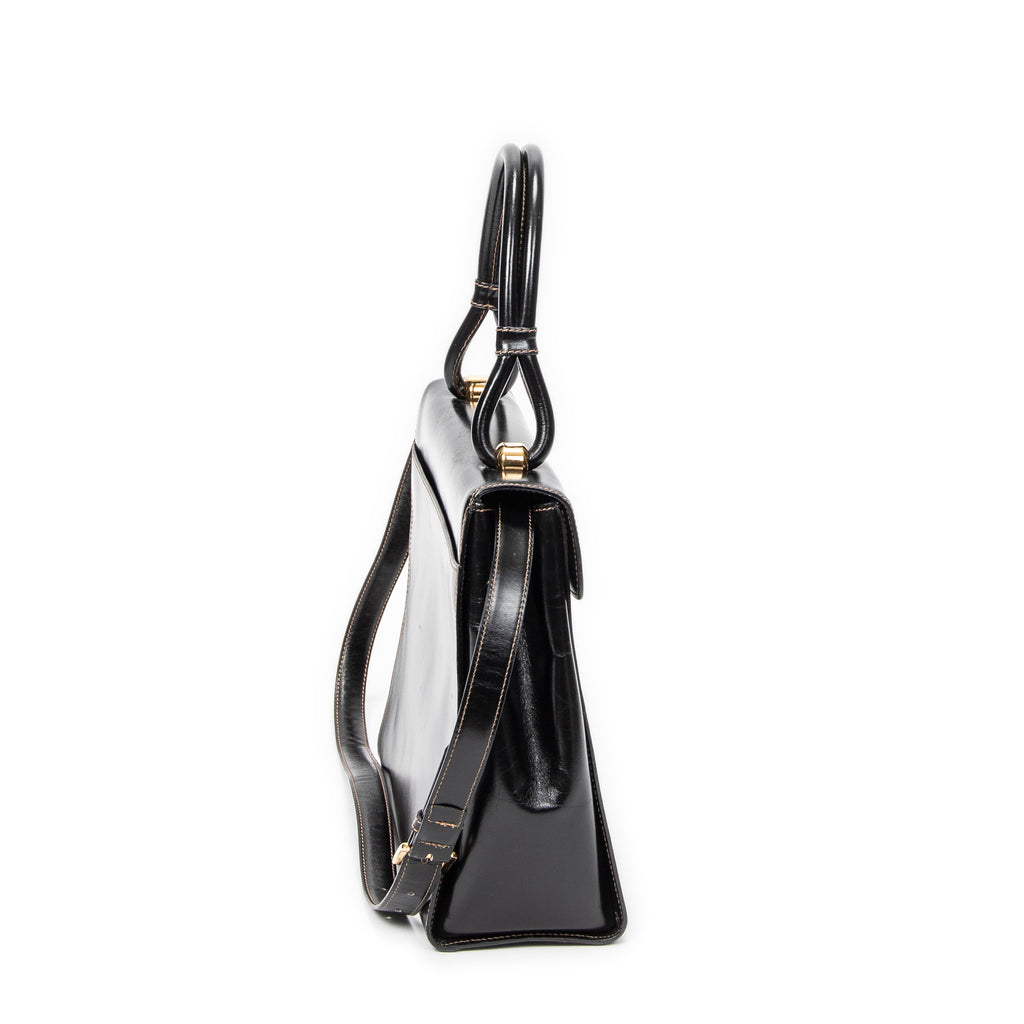 Shoulder Bag Vintage Flap Top Handle Black Smooth Calfskin Leather