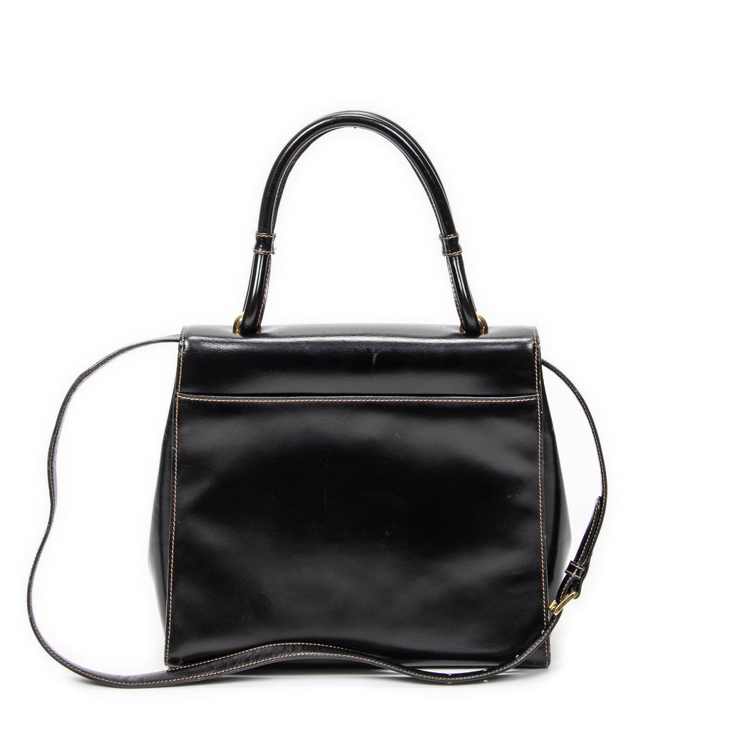 Shoulder Bag Vintage Flap Top Handle Black Smooth Calfskin Leather