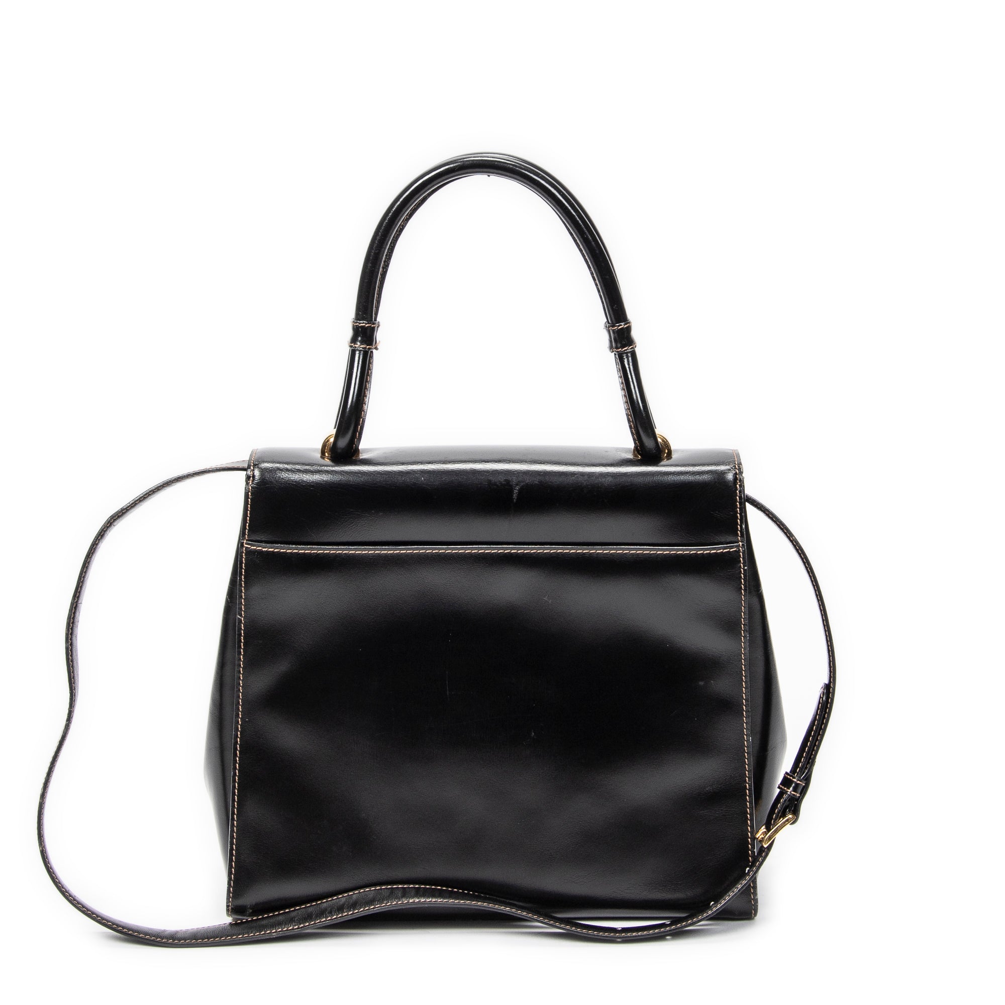 Shoulder Bag Vintage Flap Top Handle Black Smooth Calfskin Leather