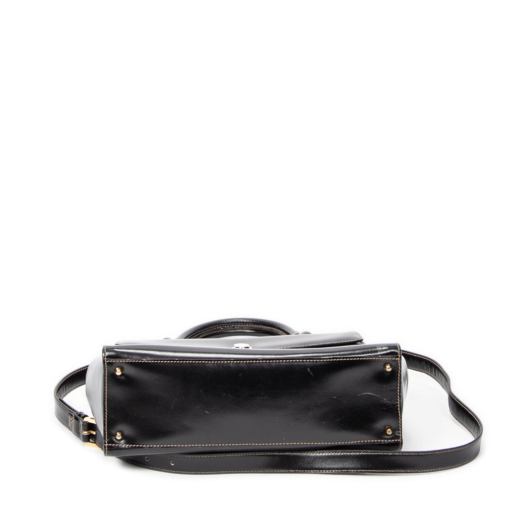Shoulder Bag Vintage Flap Top Handle Black Smooth Calfskin Leather