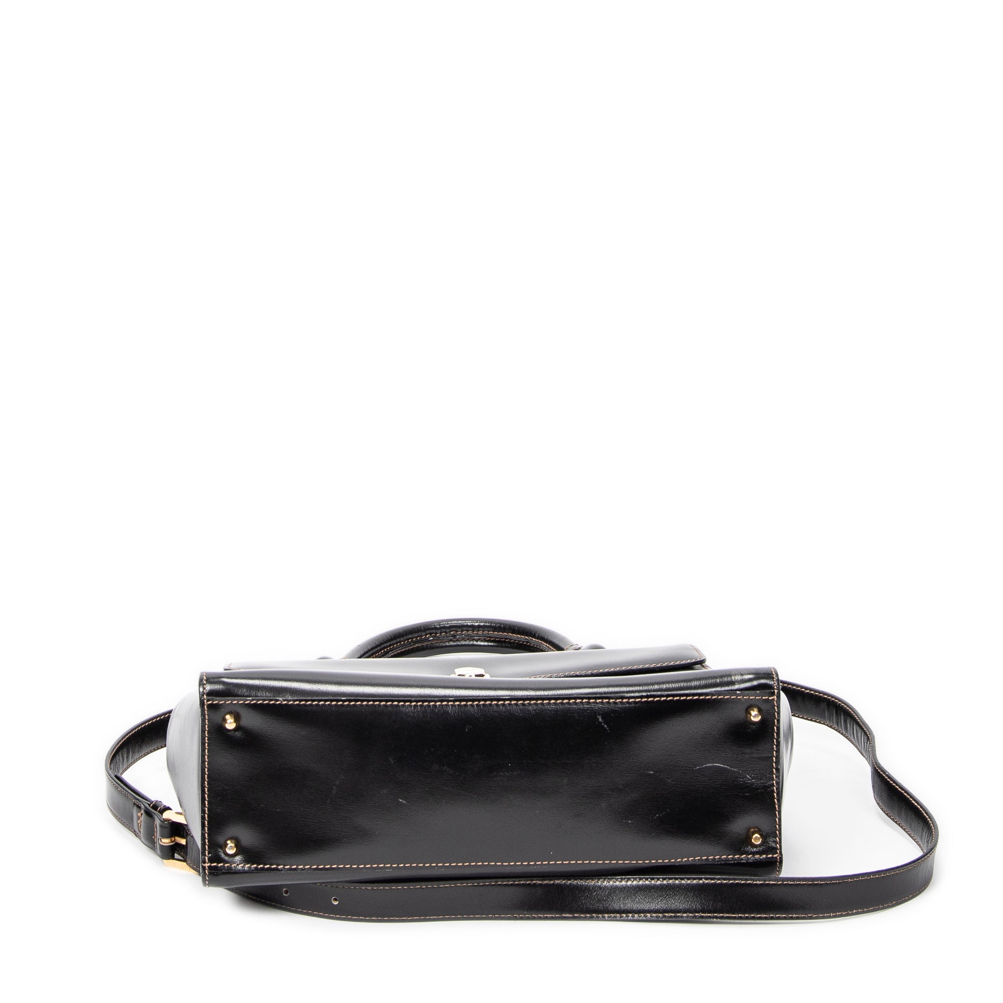 Shoulder Bag Vintage Flap Top Handle Black Smooth Calfskin Leather