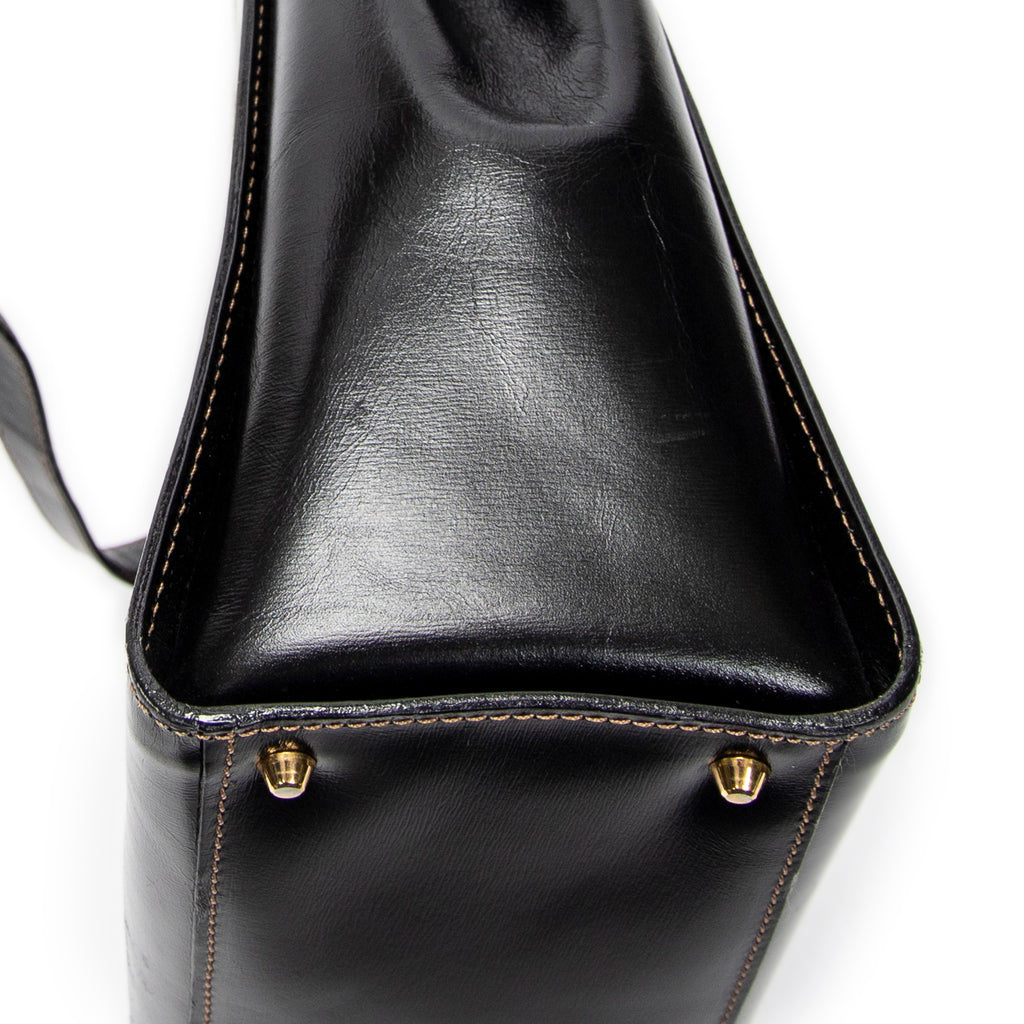 Shoulder Bag Vintage Flap Top Handle Black Smooth Calfskin Leather