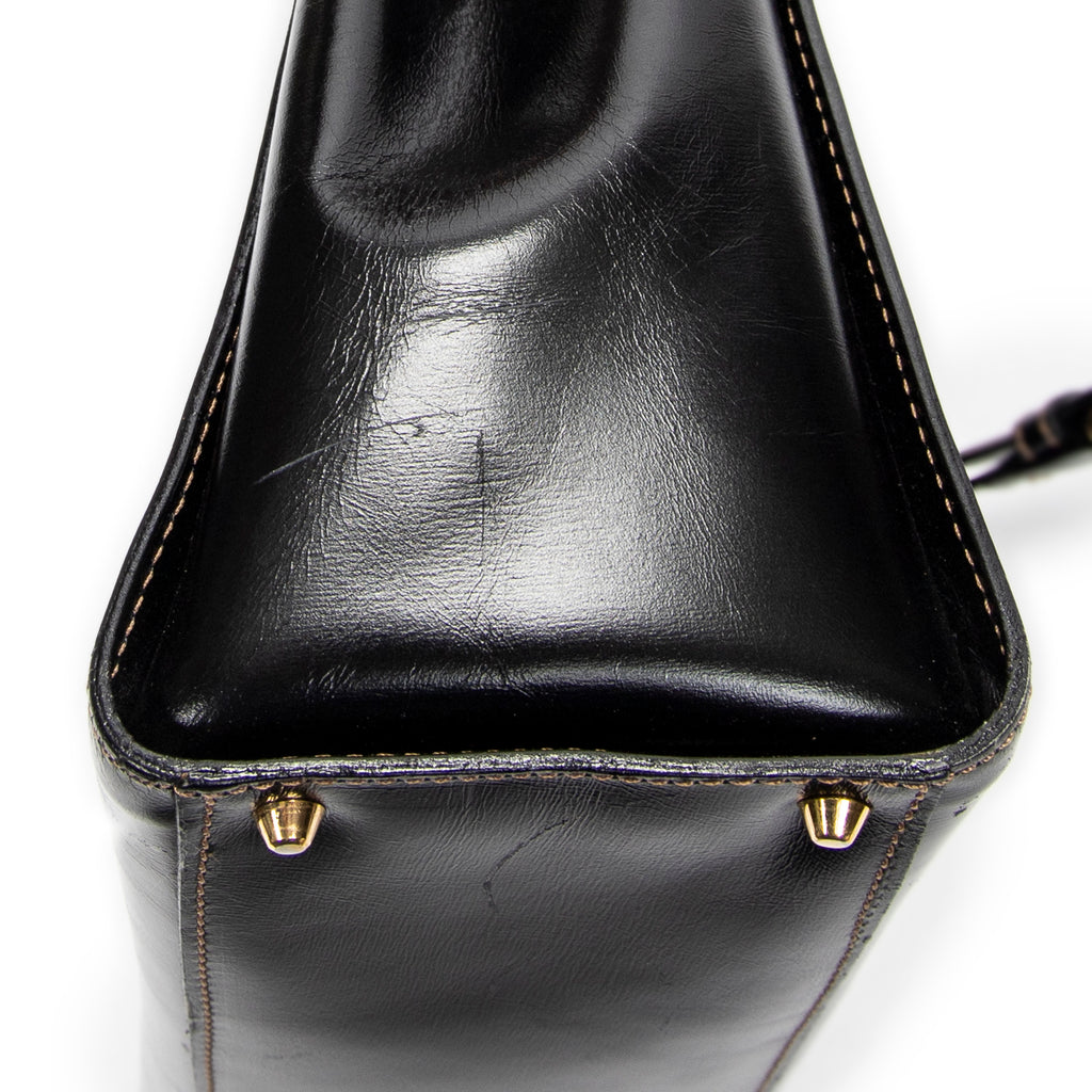 Shoulder Bag Vintage Flap Top Handle Black Smooth Calfskin Leather
