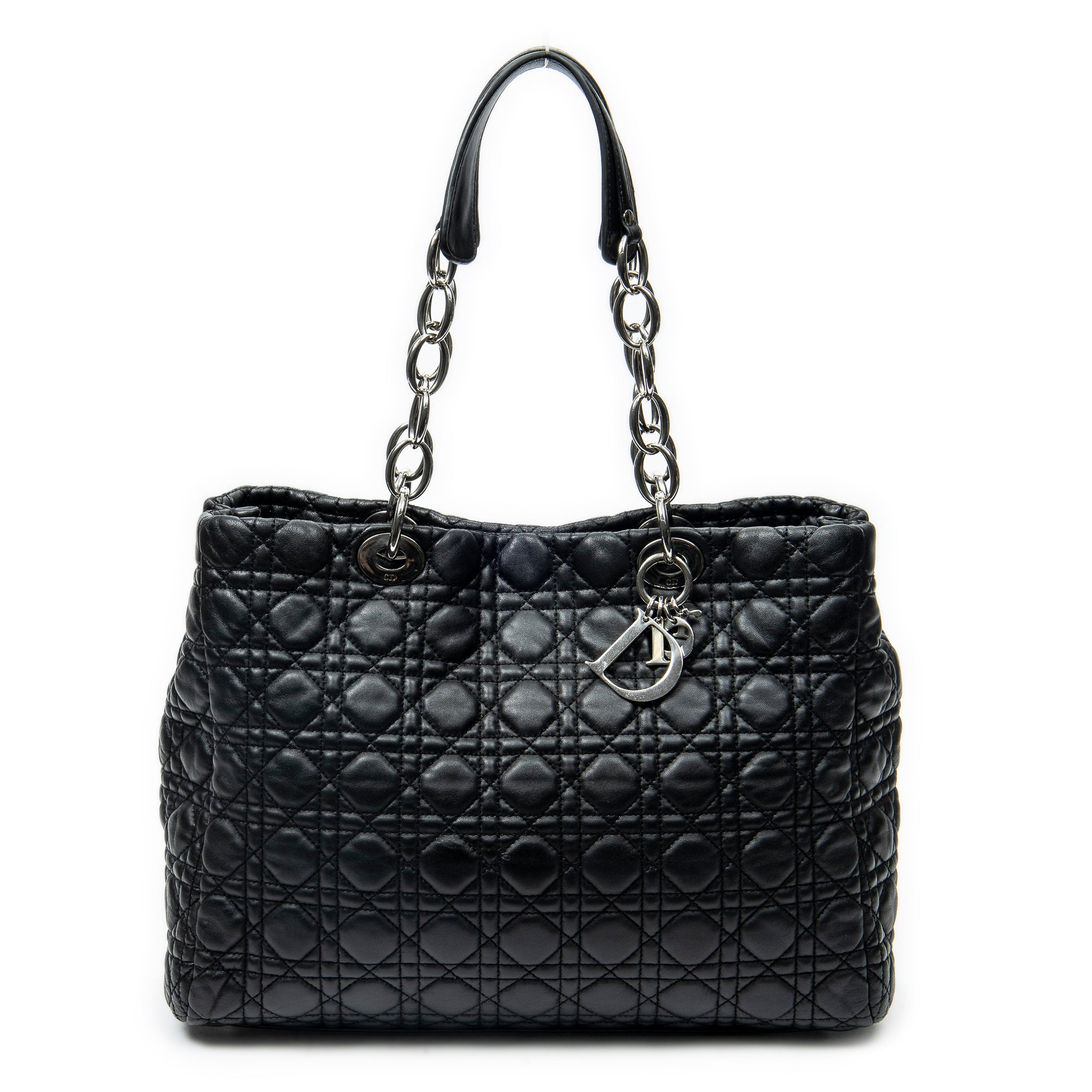Shoulder Bag Medium Soft Shopping Tote Black Cannage Calfskin Leather