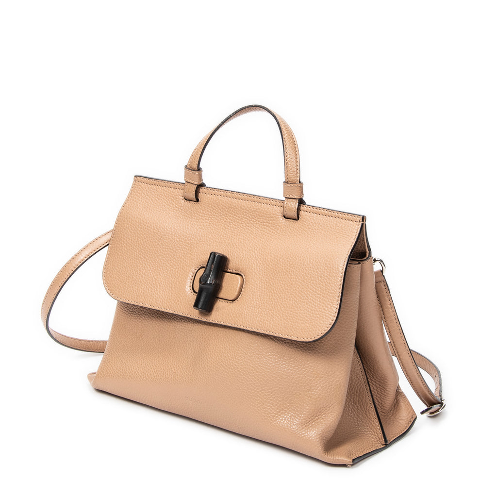 Shoulder Bag Medium Bamboo Daily Top Handle Beige Grained Calfskin Leather