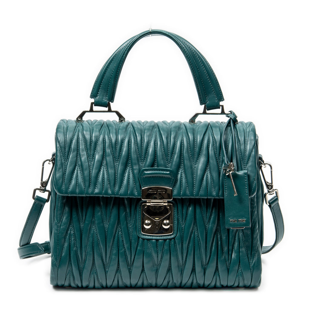 Shoulder Bag Pushlock Flap Top Handle Teal Nappa Matelasse Leather