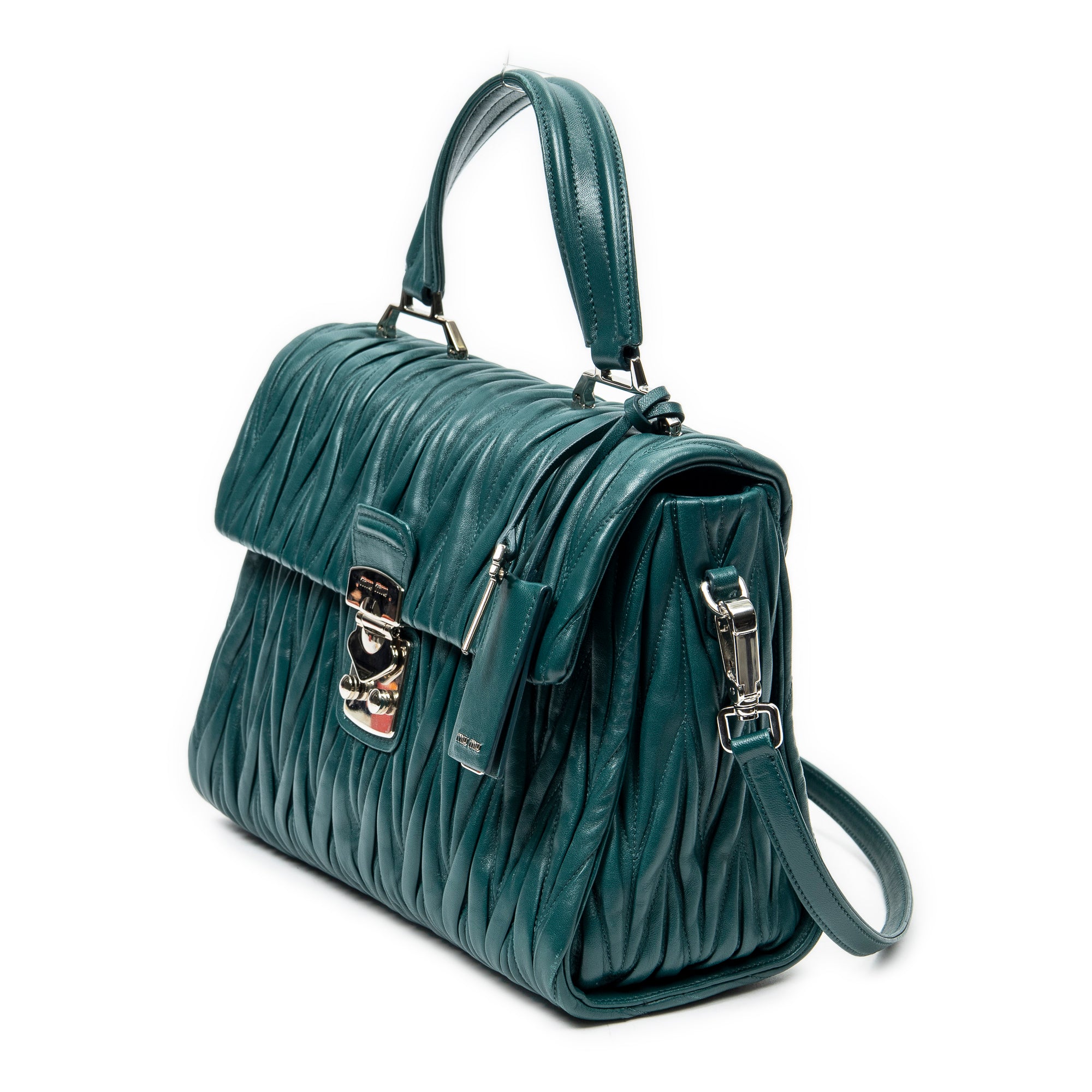 Shoulder Bag Pushlock Flap Top Handle Teal Nappa Matelasse Leather