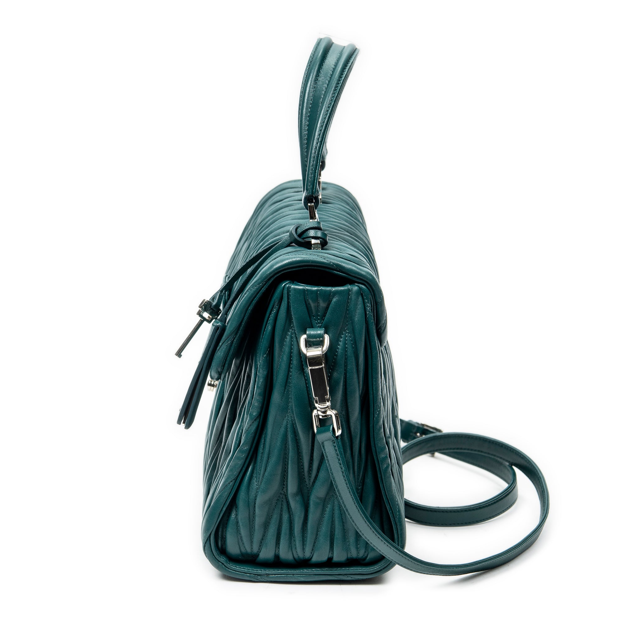 Shoulder Bag Pushlock Flap Top Handle Teal Nappa Matelasse Leather