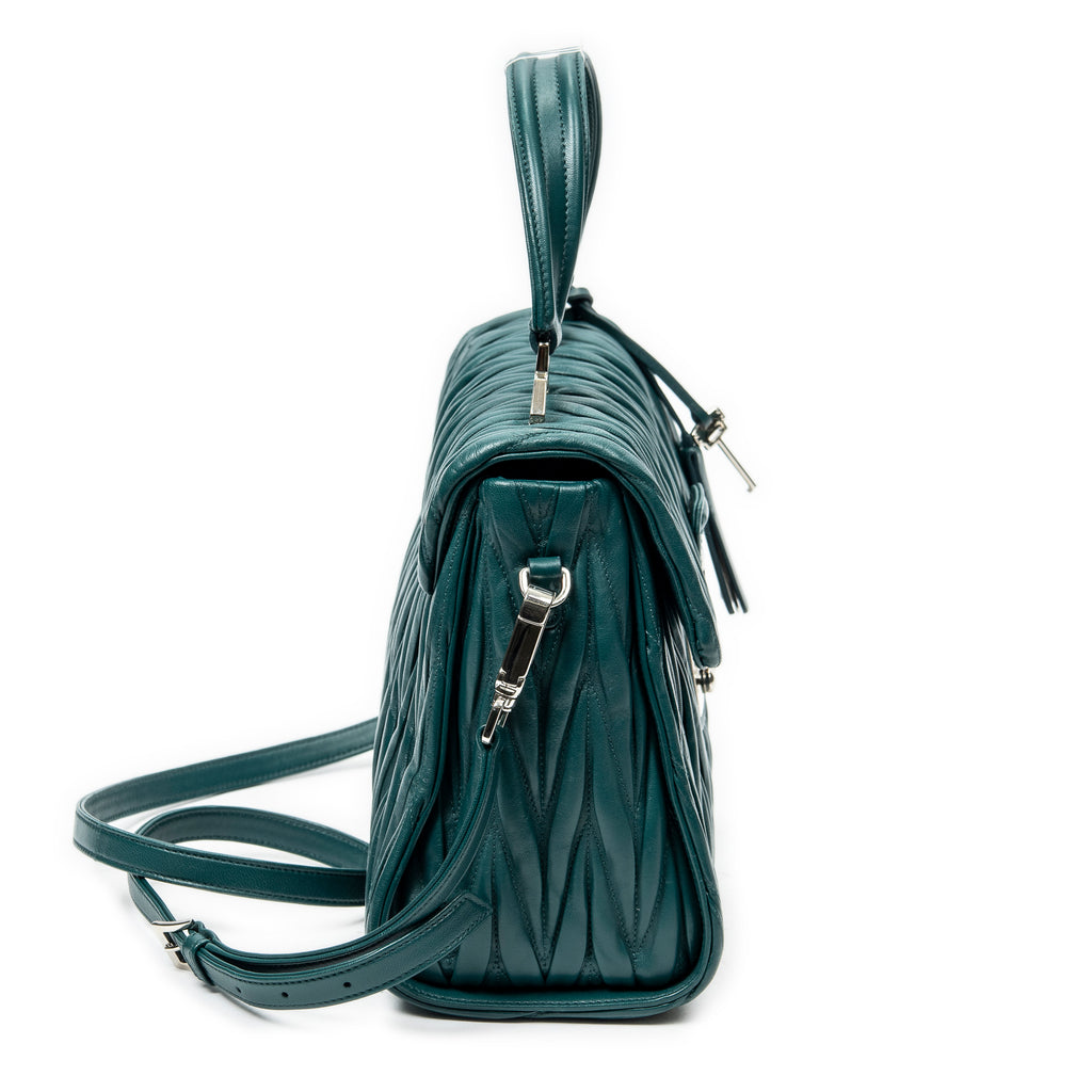 Shoulder Bag Pushlock Flap Top Handle Teal Nappa Matelasse Leather