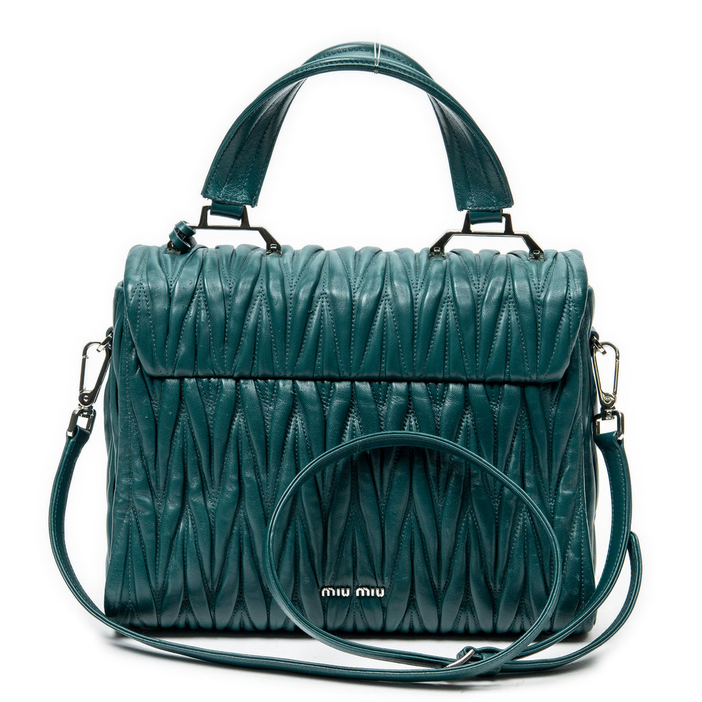 Shoulder Bag Pushlock Flap Top Handle Teal Nappa Matelasse Leather