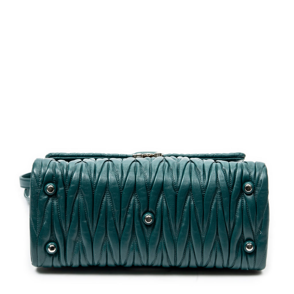 Shoulder Bag Pushlock Flap Top Handle Teal Nappa Matelasse Leather