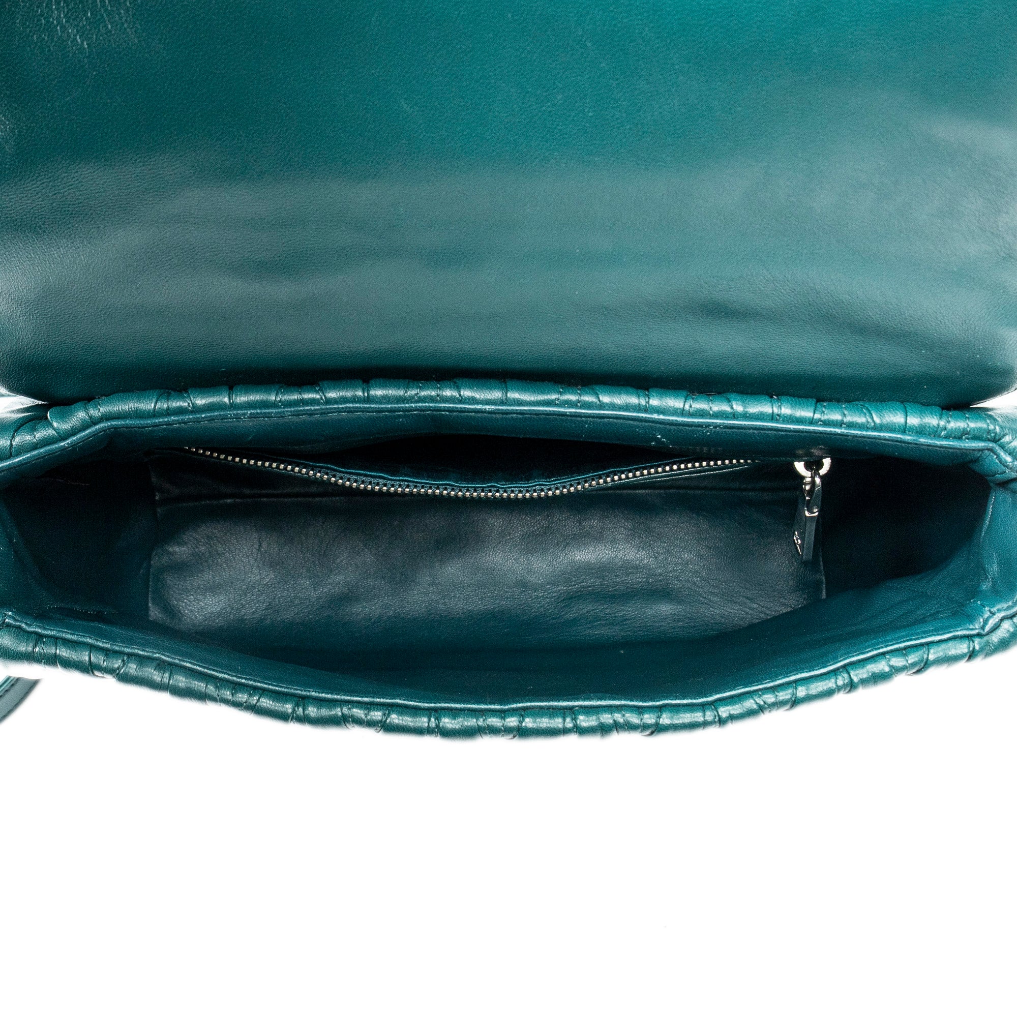 Shoulder Bag Pushlock Flap Top Handle Teal Nappa Matelasse Leather