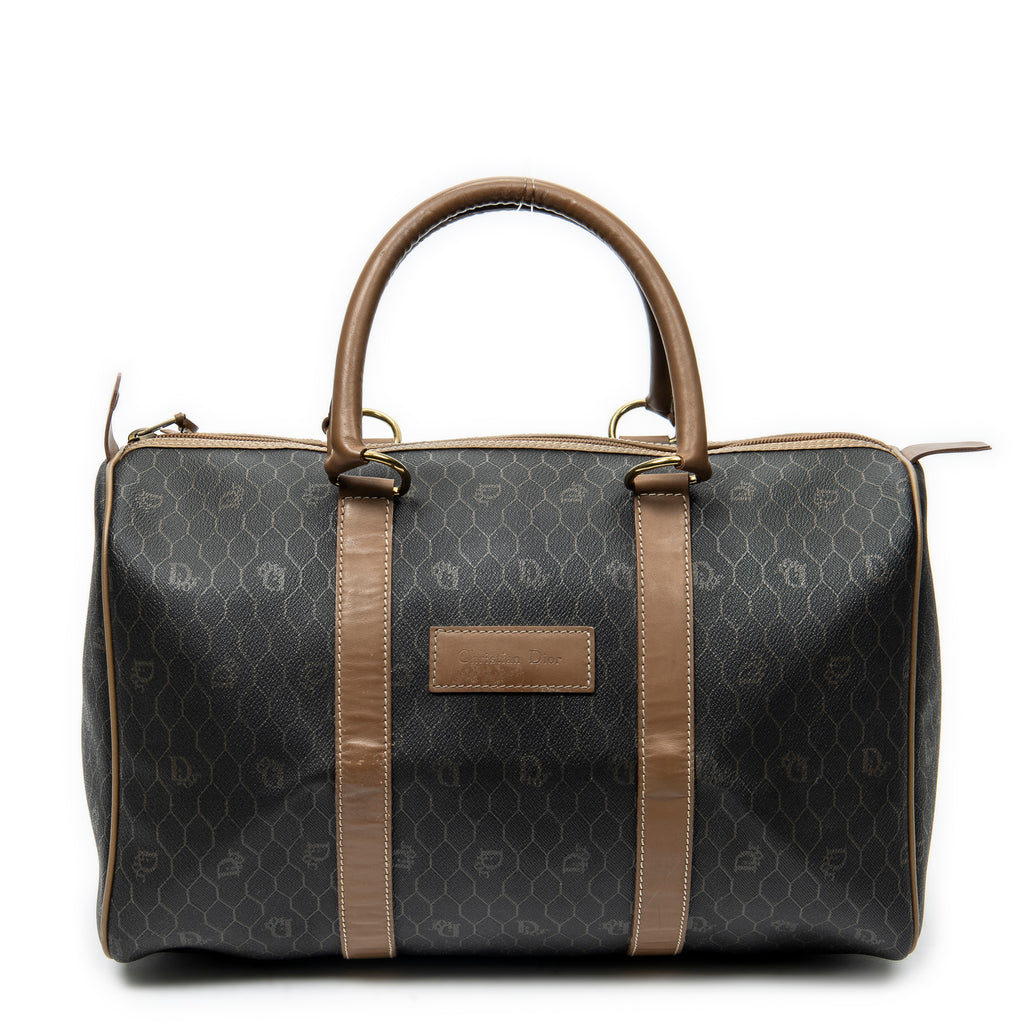 Bolsa de viaje vintage pequeña Boston de lona revestida gris oscuro con diseño de panal
