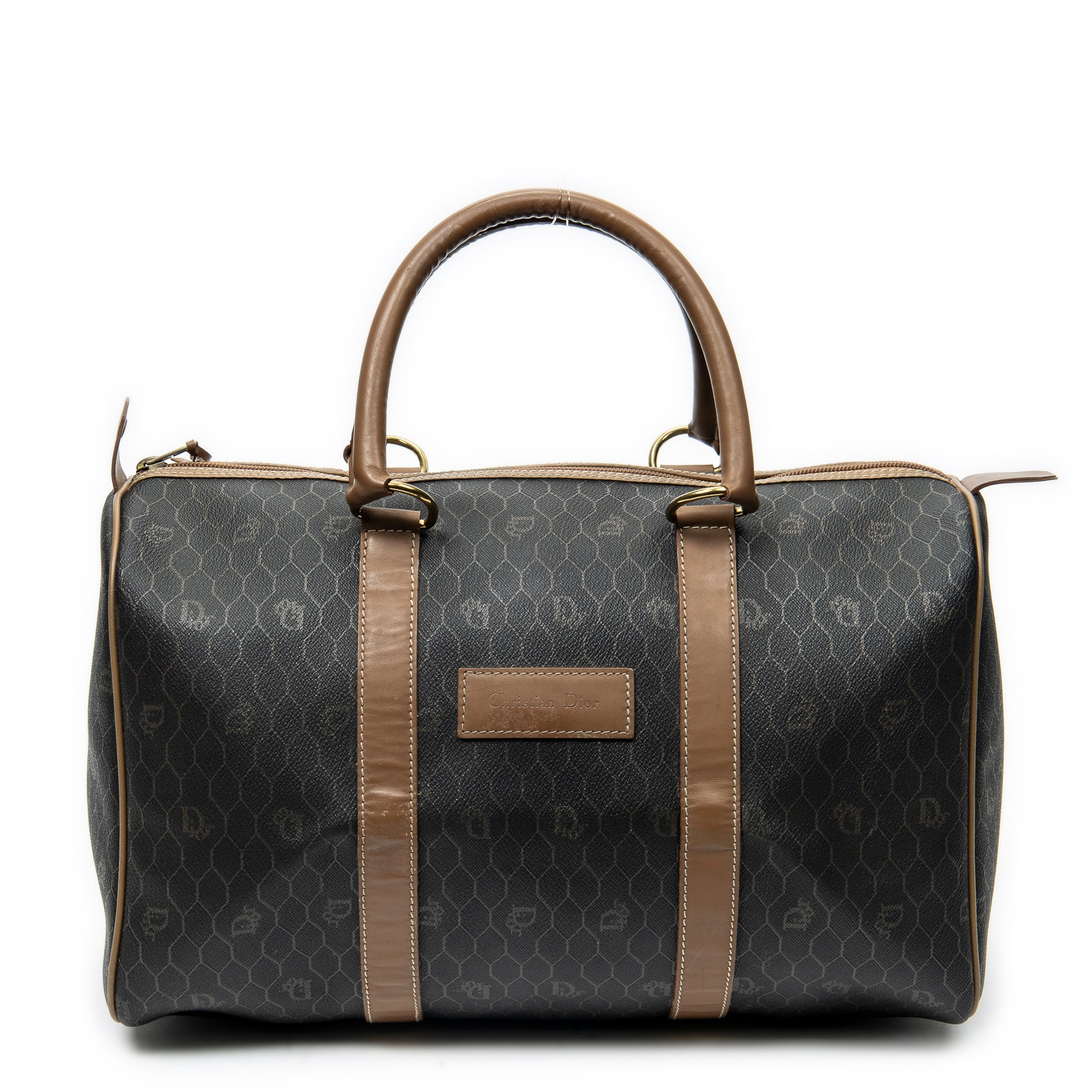 Bolsa de viaje vintage pequeña Boston de lona revestida gris oscuro con diseño de panal