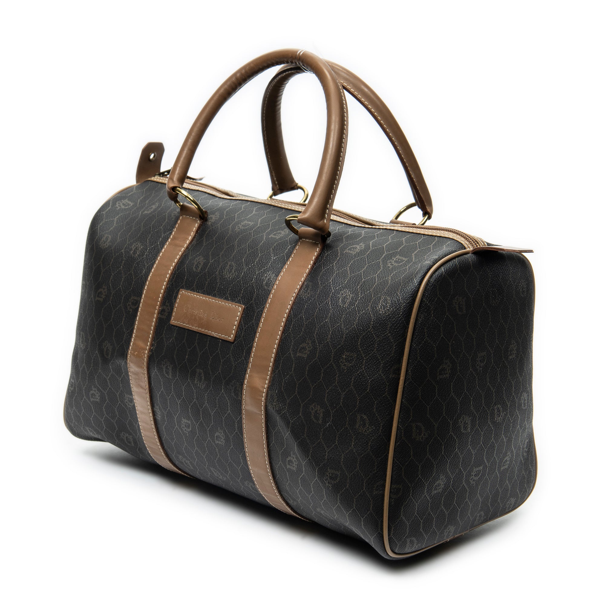 Bolsa de viaje vintage pequeña Boston de lona revestida gris oscuro con diseño de panal