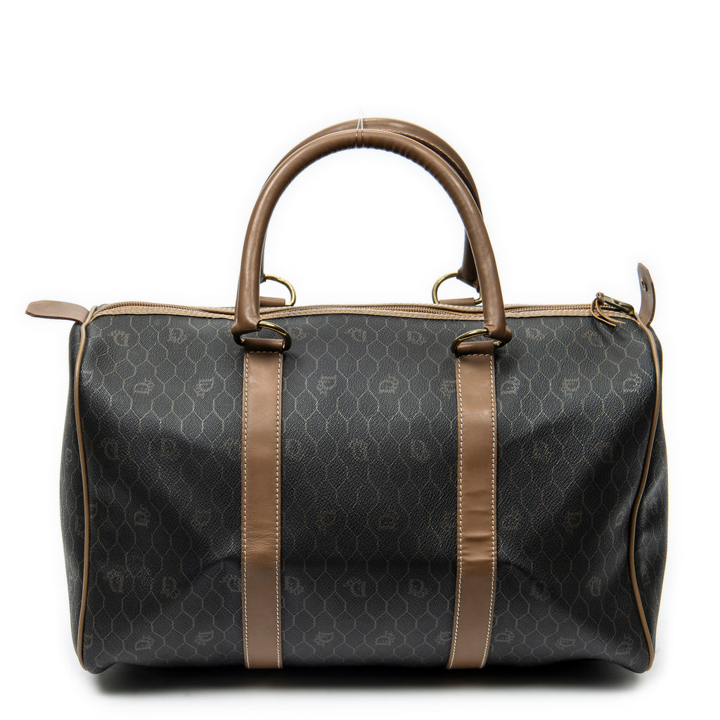 Bolsa de viaje vintage pequeña Boston de lona revestida gris oscuro con diseño de panal
