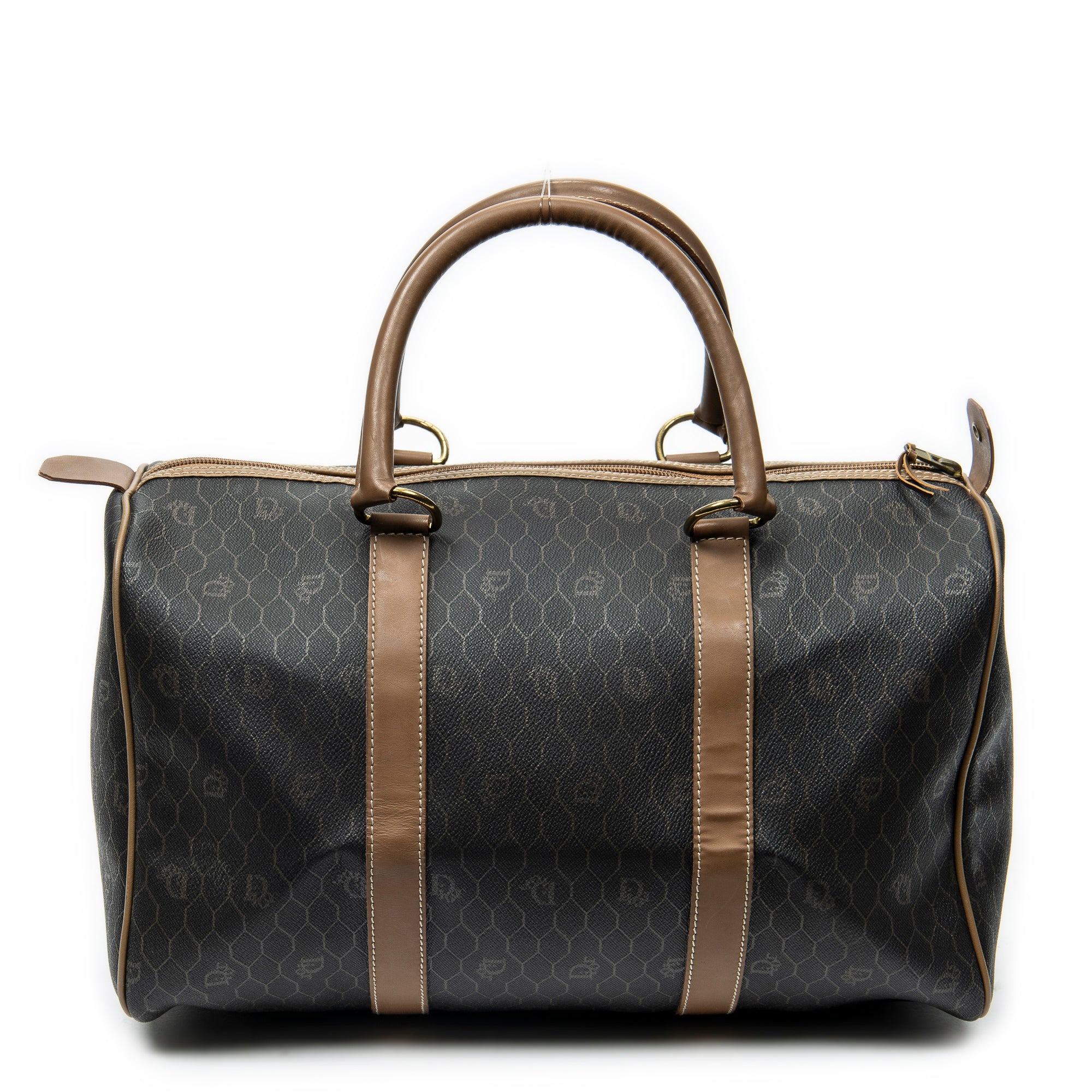 Bolsa de viaje vintage pequeña Boston de lona revestida gris oscuro con diseño de panal