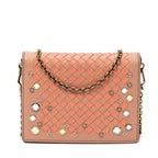 Bolso de hombro Cartera con solapa y cadena Naranja Ribete adornado de cuero Intrecciato