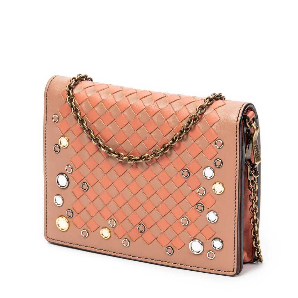 Bolso de hombro Cartera con solapa y cadena Naranja Ribete adornado de cuero Intrecciato