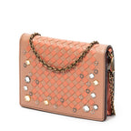 Bolso de hombro Cartera con solapa y cadena Naranja Ribete adornado de cuero Intrecciato